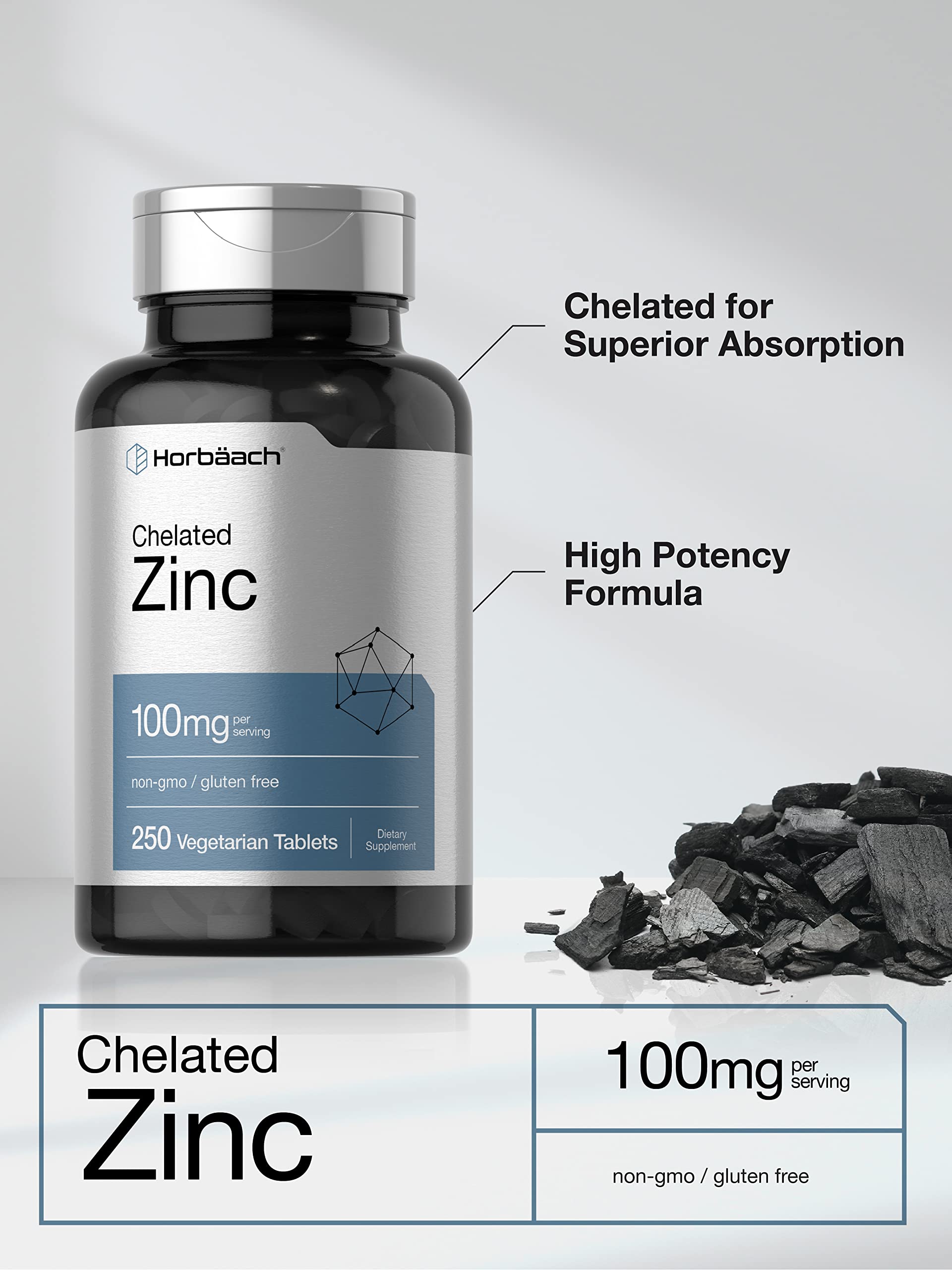 Horbäach Chelated Zinc Supplement 100mg | 250 Tablets | High Potency & Superior Absorption | Vegetarian, Non-GMO, Gluten Free - Image 3