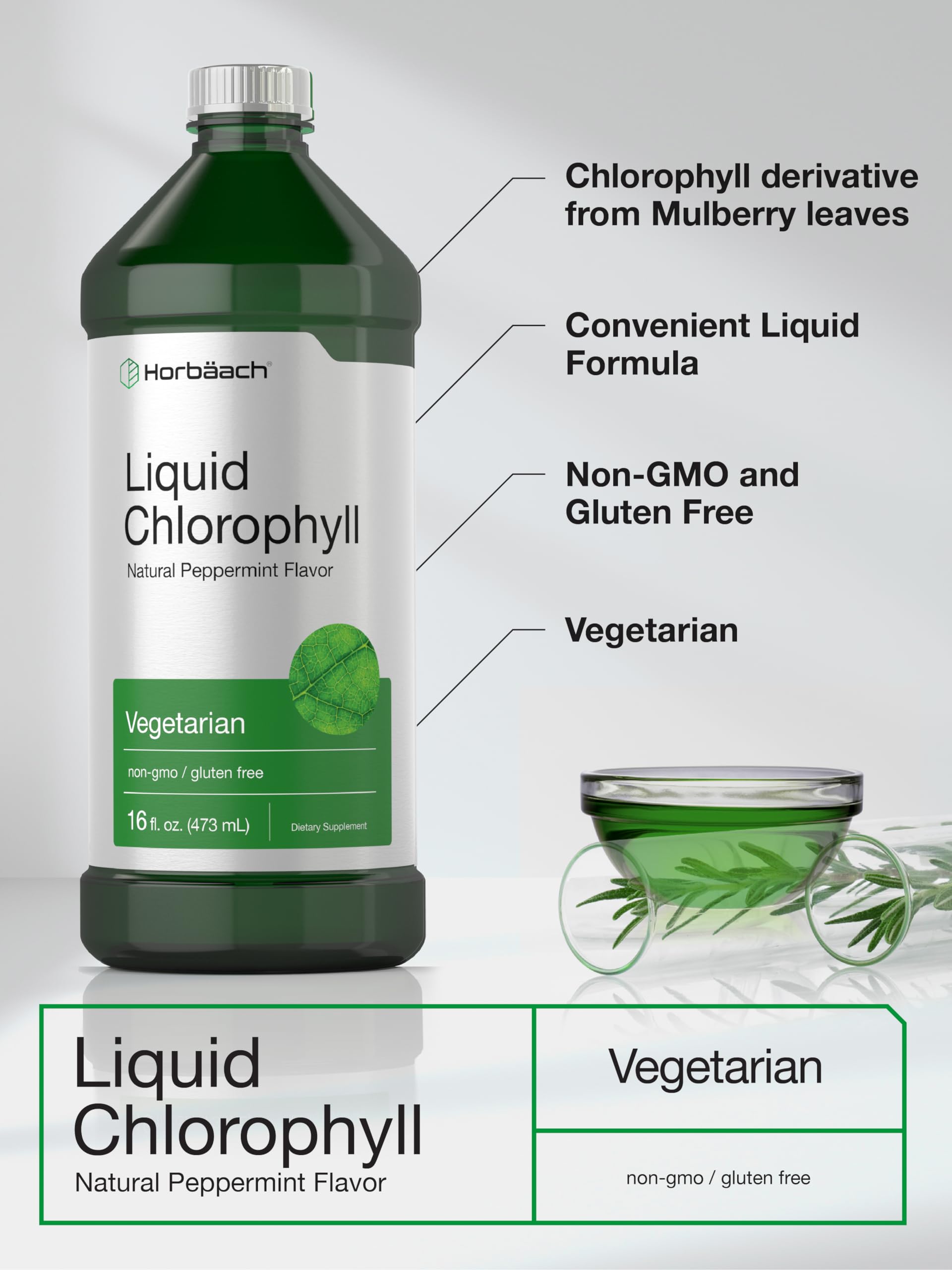 Horbäach Chlorophyll Liquid Drops | 100mg | 32 oz (2 x 16 oz Bottles) | Natural Peppermint Flavor | Vegetarian, Non-GMO, Gluten Free Supplement - Image 4