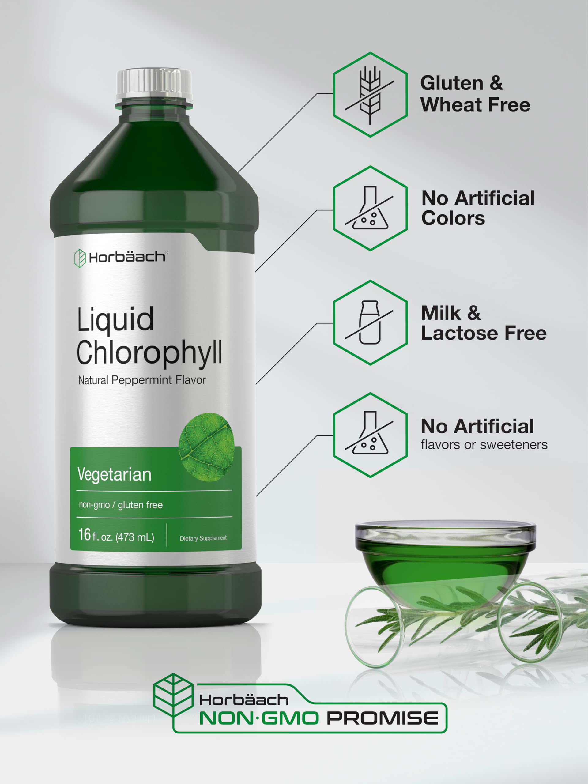 Horbäach Chlorophyll Liquid Drops | 100mg | 32 oz (2 x 16 oz Bottles) | Natural Peppermint Flavor | Vegetarian, Non-GMO, Gluten Free Supplement - Image 5
