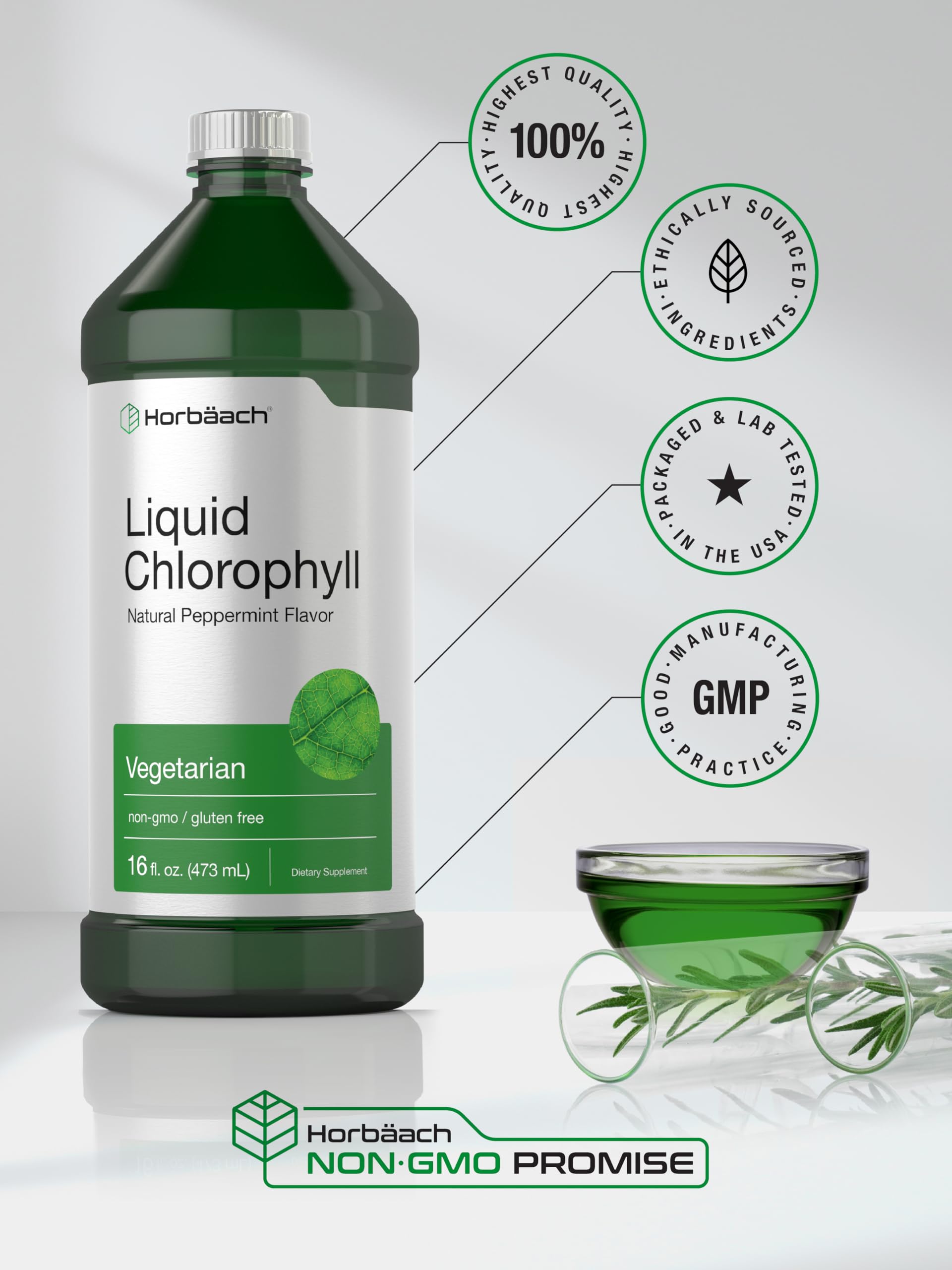 Horbäach Chlorophyll Liquid Drops | 100mg | 32 oz (2 x 16 oz Bottles) | Natural Peppermint Flavor | Vegetarian, Non-GMO, Gluten Free Supplement - Image 6