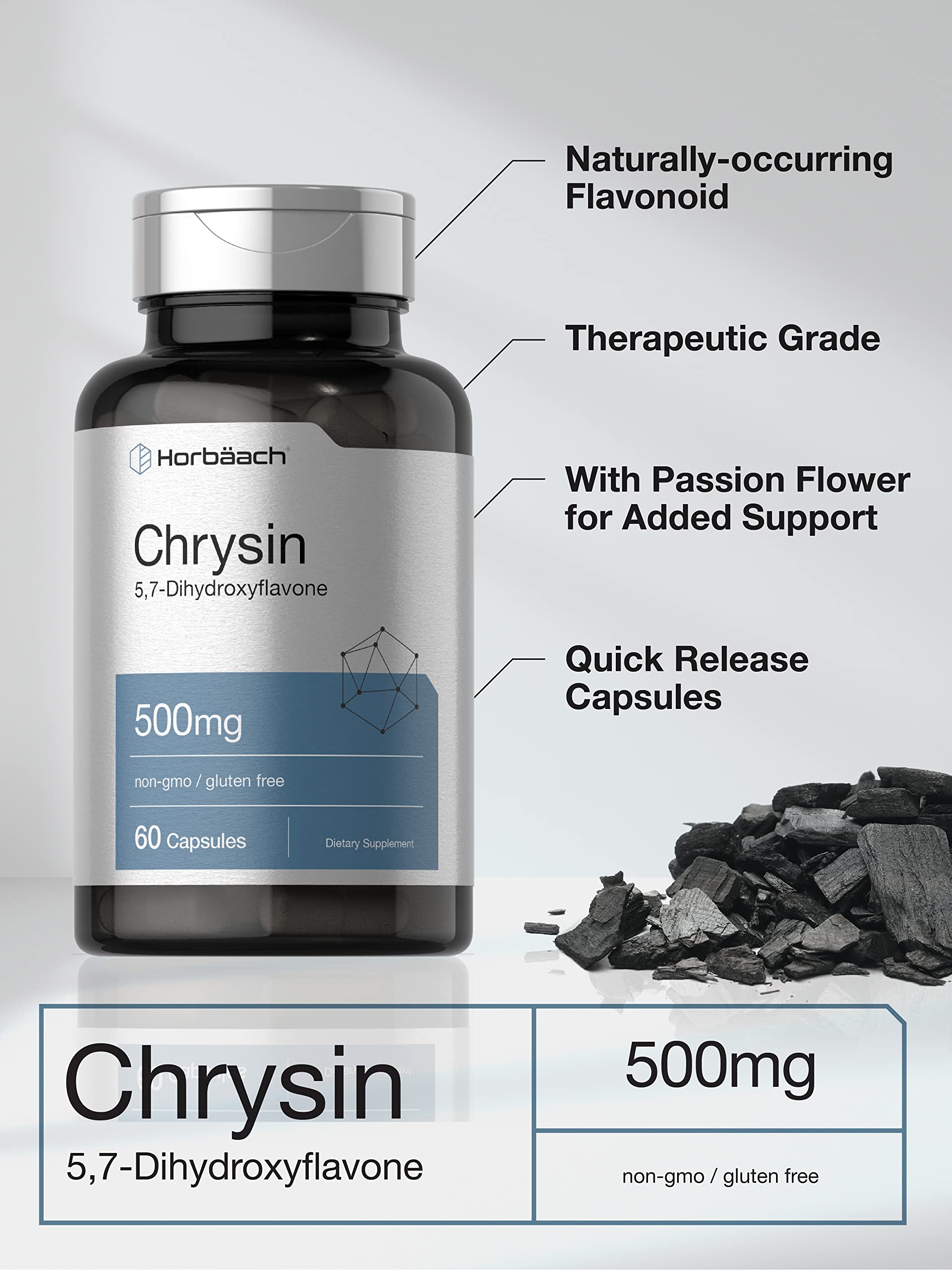 Horbäach Chrysin Supplement | 500mg | 60 Capsules | Passion Flower Extract | Non-GMO, Gluten Free Supplement - Image 3
