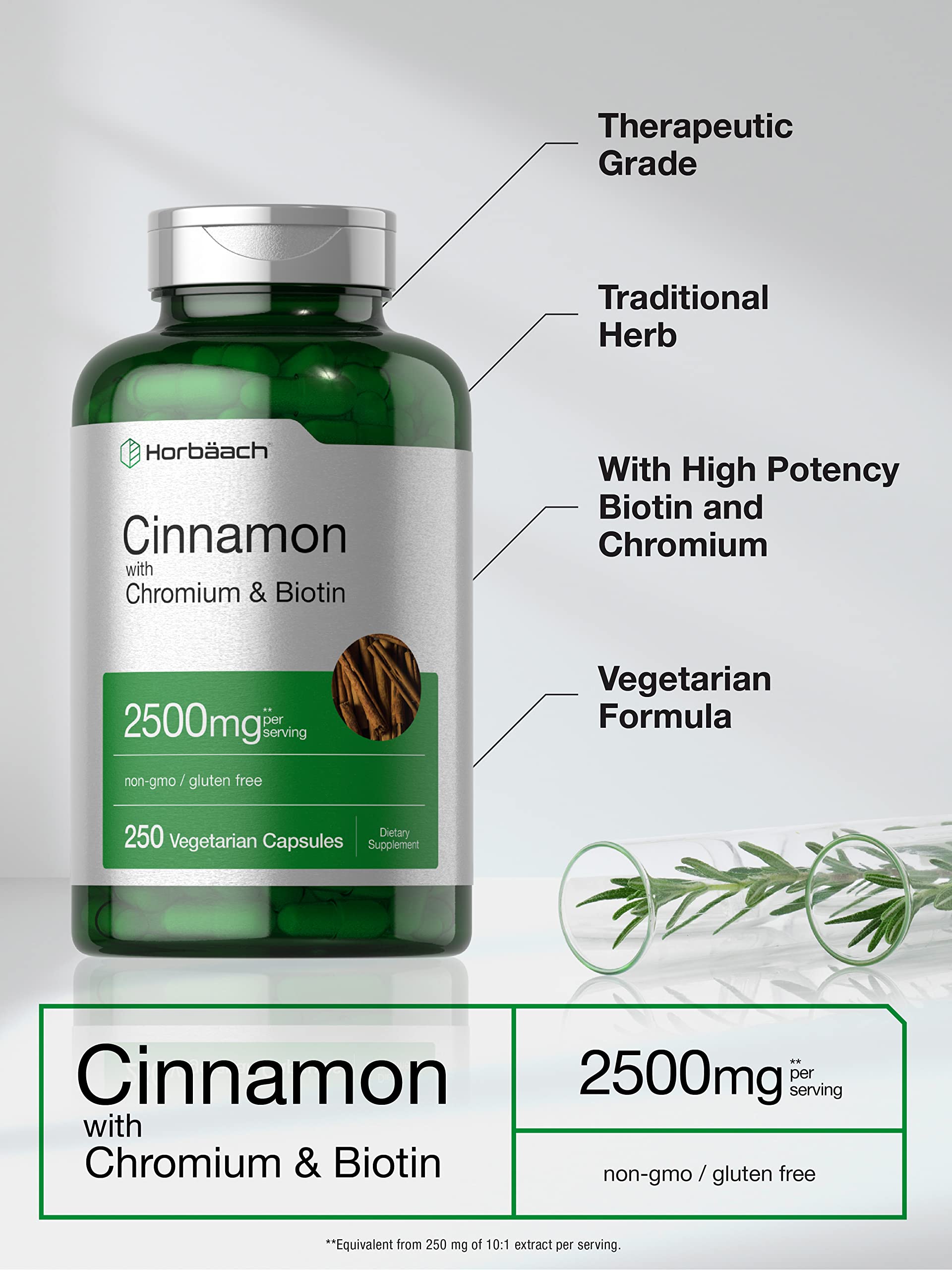 Horbäach Cinnamon with Chromium & Biotin | 250 Capsules | Herb Extract Supplement | Vegetarian, Non-GMO, Gluten Free Extract Supplement - Image 3