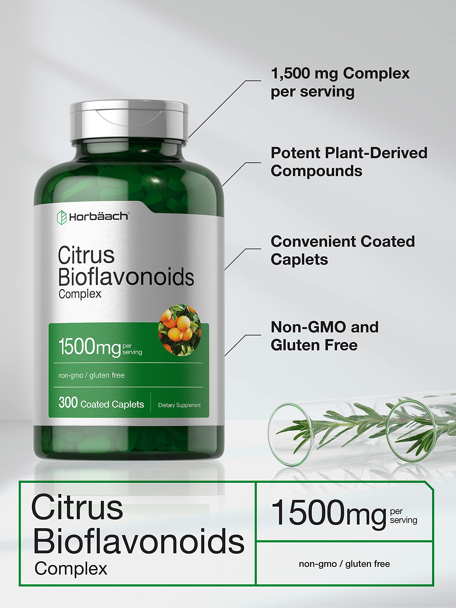 Horbäach Citrus Bioflavonoids Supplement | 1500mg | 300 Caplets | Vegetarian, Non-GMO, and Gluten Free Formula | Value Size - Image 3