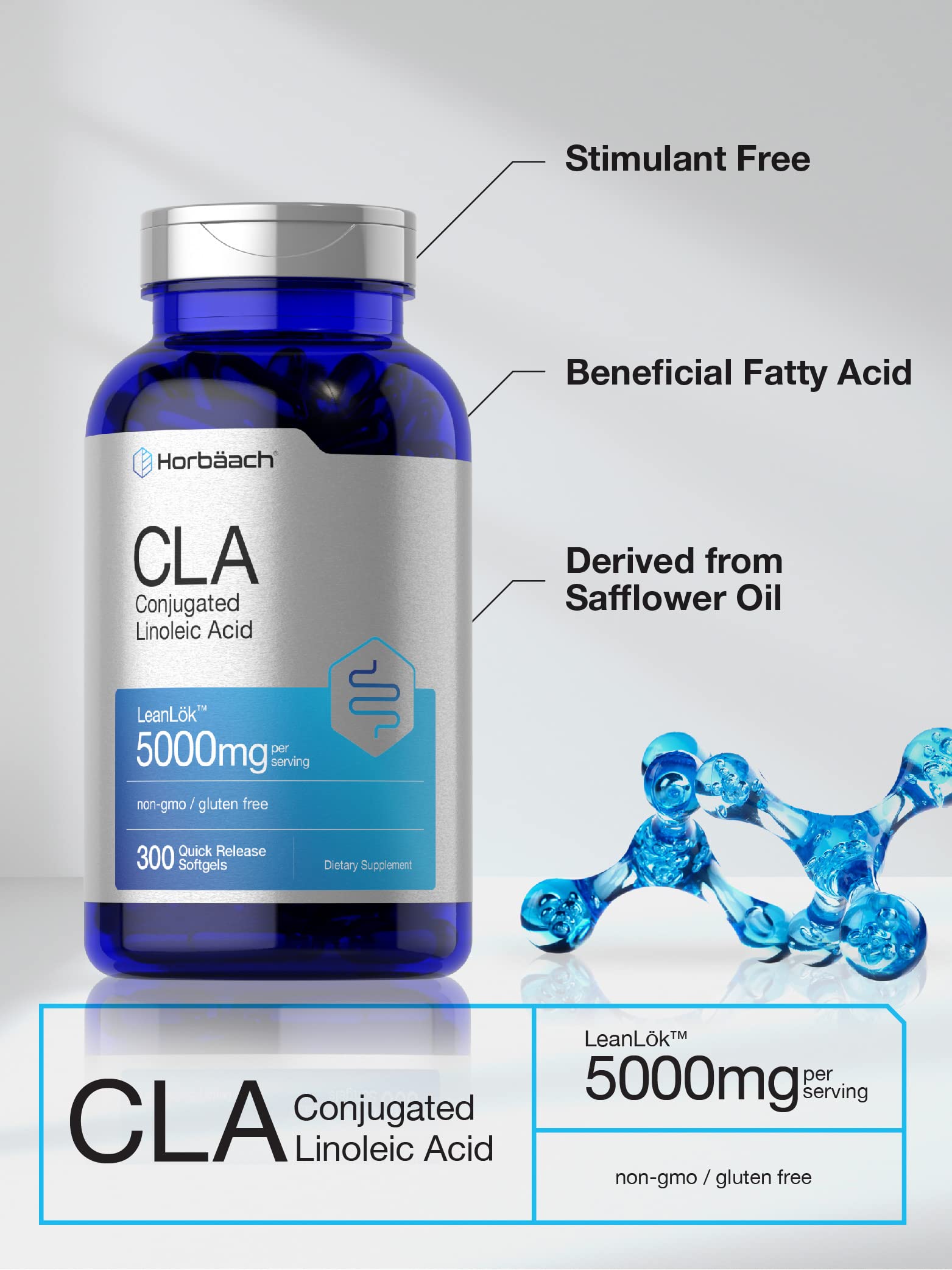 Horbäach CLA Supplement | 300 Softgel Pills | Maximum Potency | Conjugated Lineolic Acid from Safflower Oil | Non-GMO, Gluten Free - Image 3