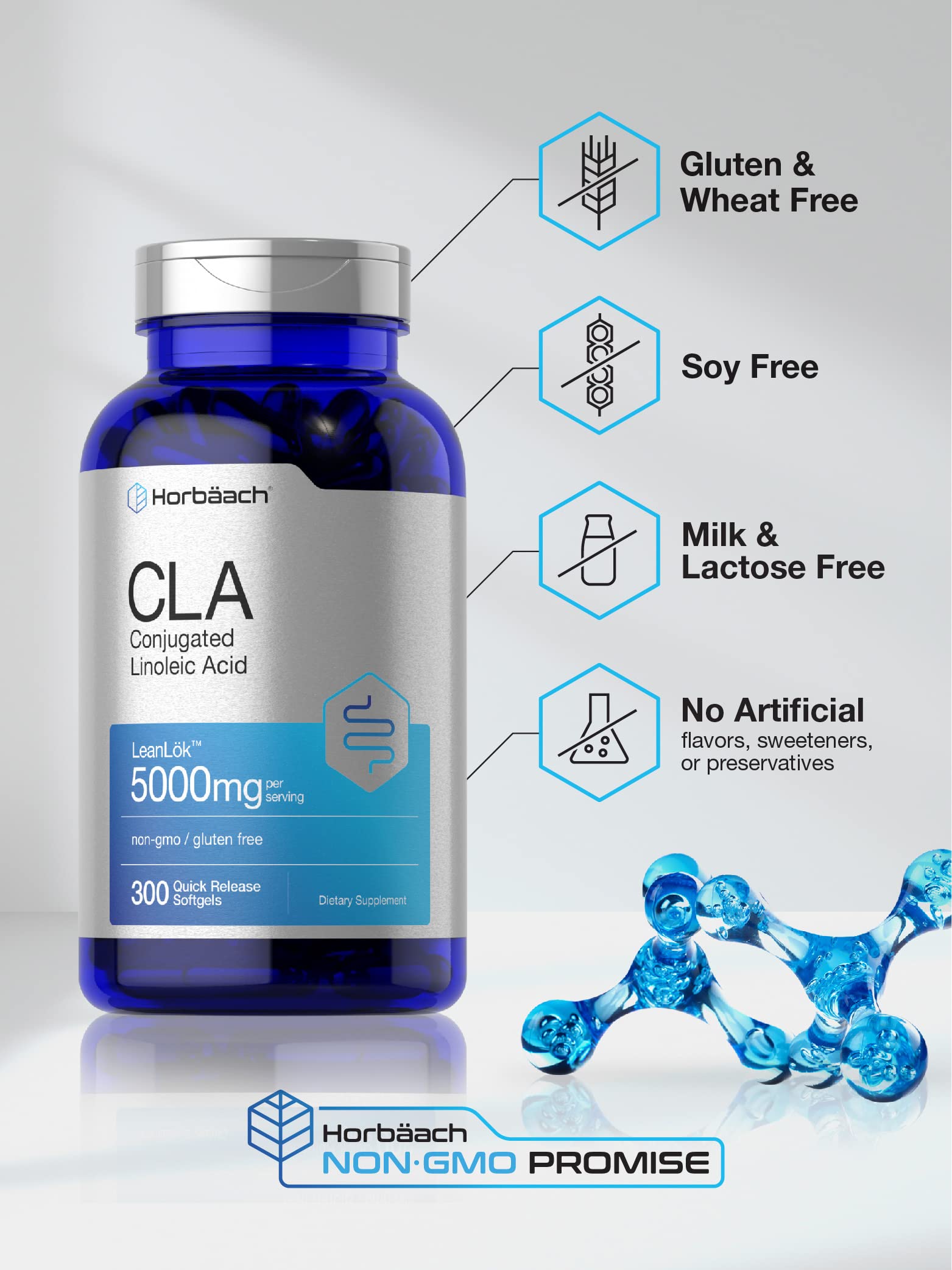 Horbäach CLA Supplement | 300 Softgel Pills | Maximum Potency | Conjugated Lineolic Acid from Safflower Oil | Non-GMO, Gluten Free - Image 4