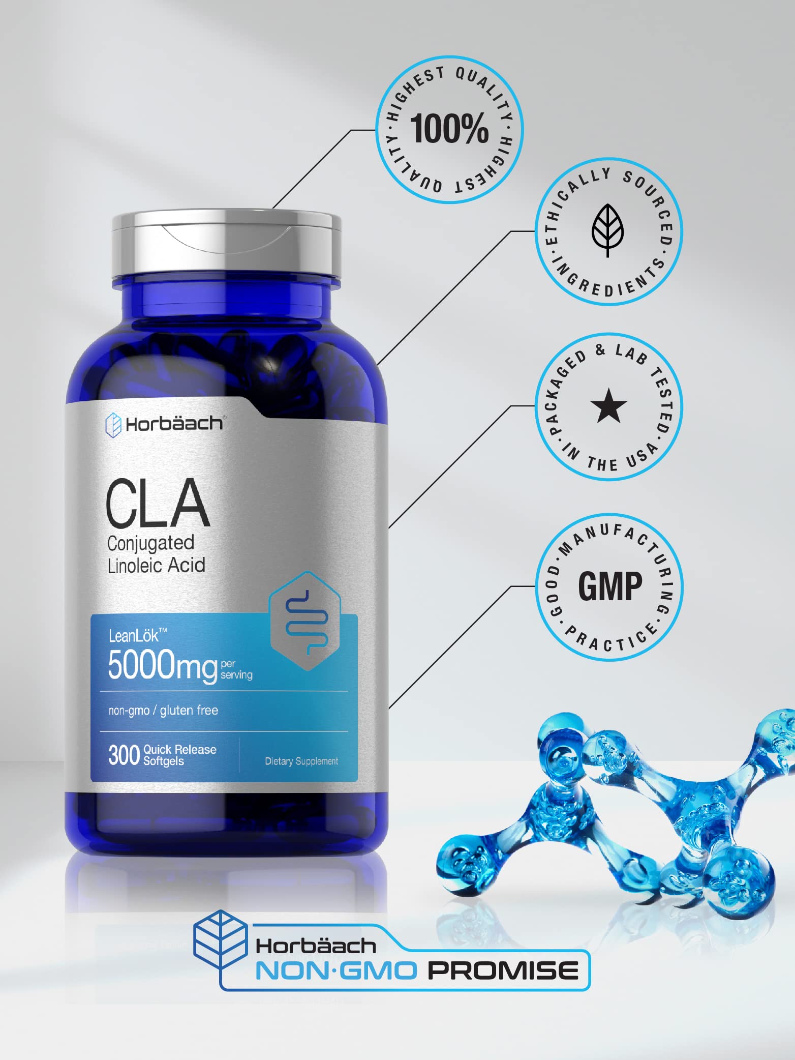 Horbäach CLA Supplement | 300 Softgel Pills | Maximum Potency | Conjugated Lineolic Acid from Safflower Oil | Non-GMO, Gluten Free - Image 5