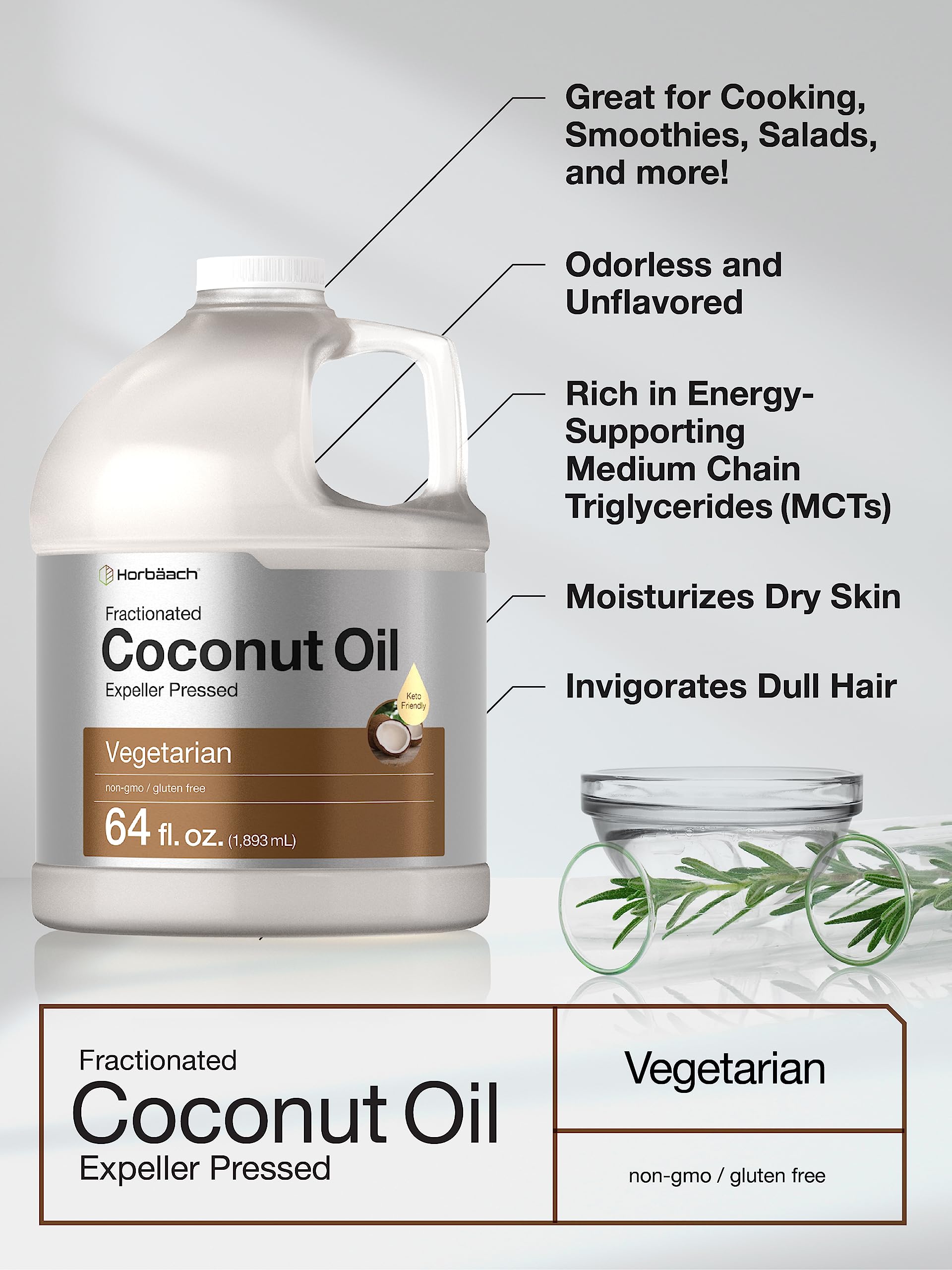 Horbäach Coconut Oil for Cooking | Liquid | 64 oz | Fractionated & Unflavored | Keto Friendly | Vegetarian, Non-GMO & Gluten Free - Image 3