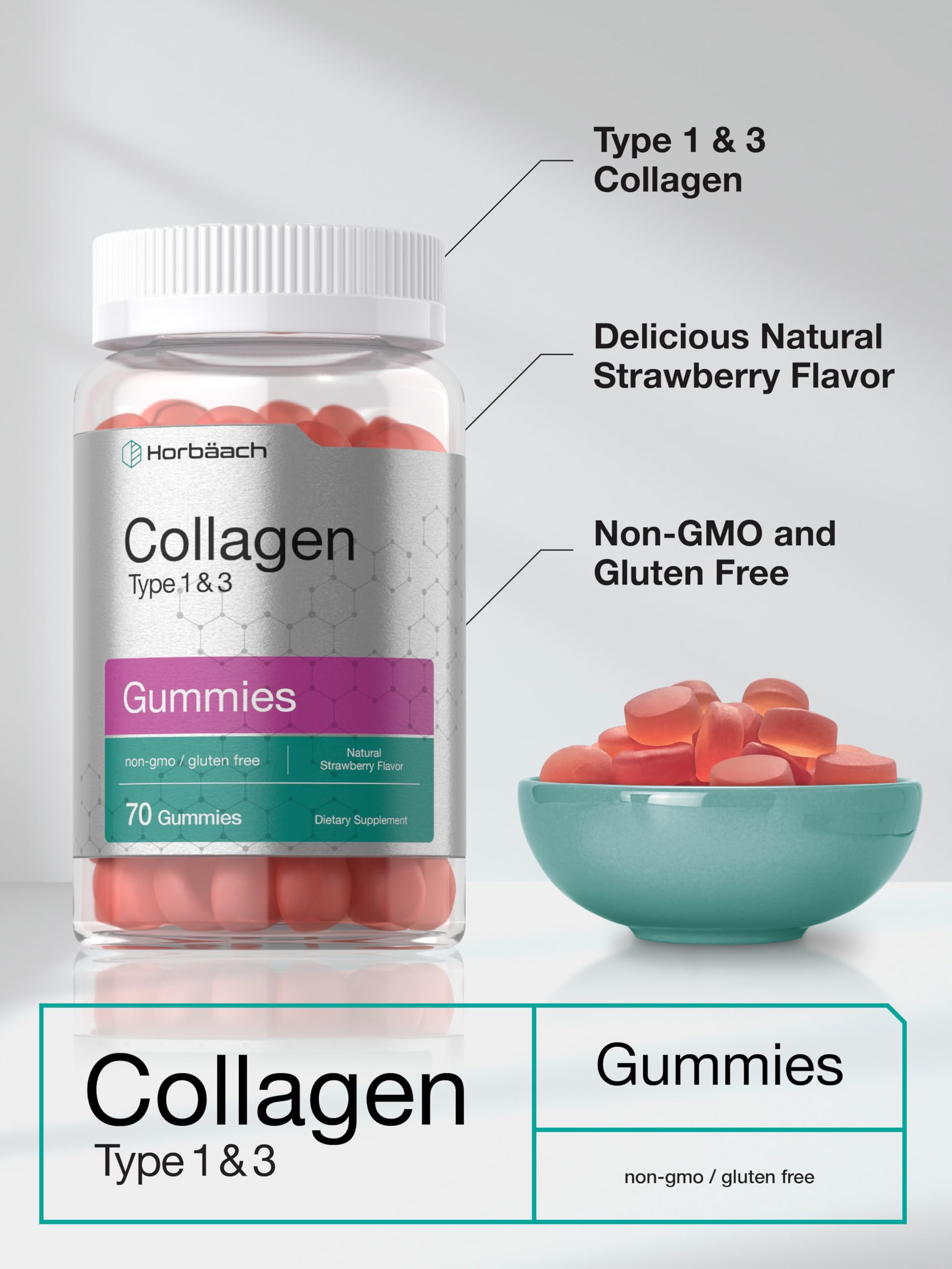 Horbäach Collagen Gummies | 70 Count | Strawberry Flavored Gummy | for Women and Men | Collagen Peptides Type 1 and 3 | Non-GMO, Gluten Free Supplement - Image 3