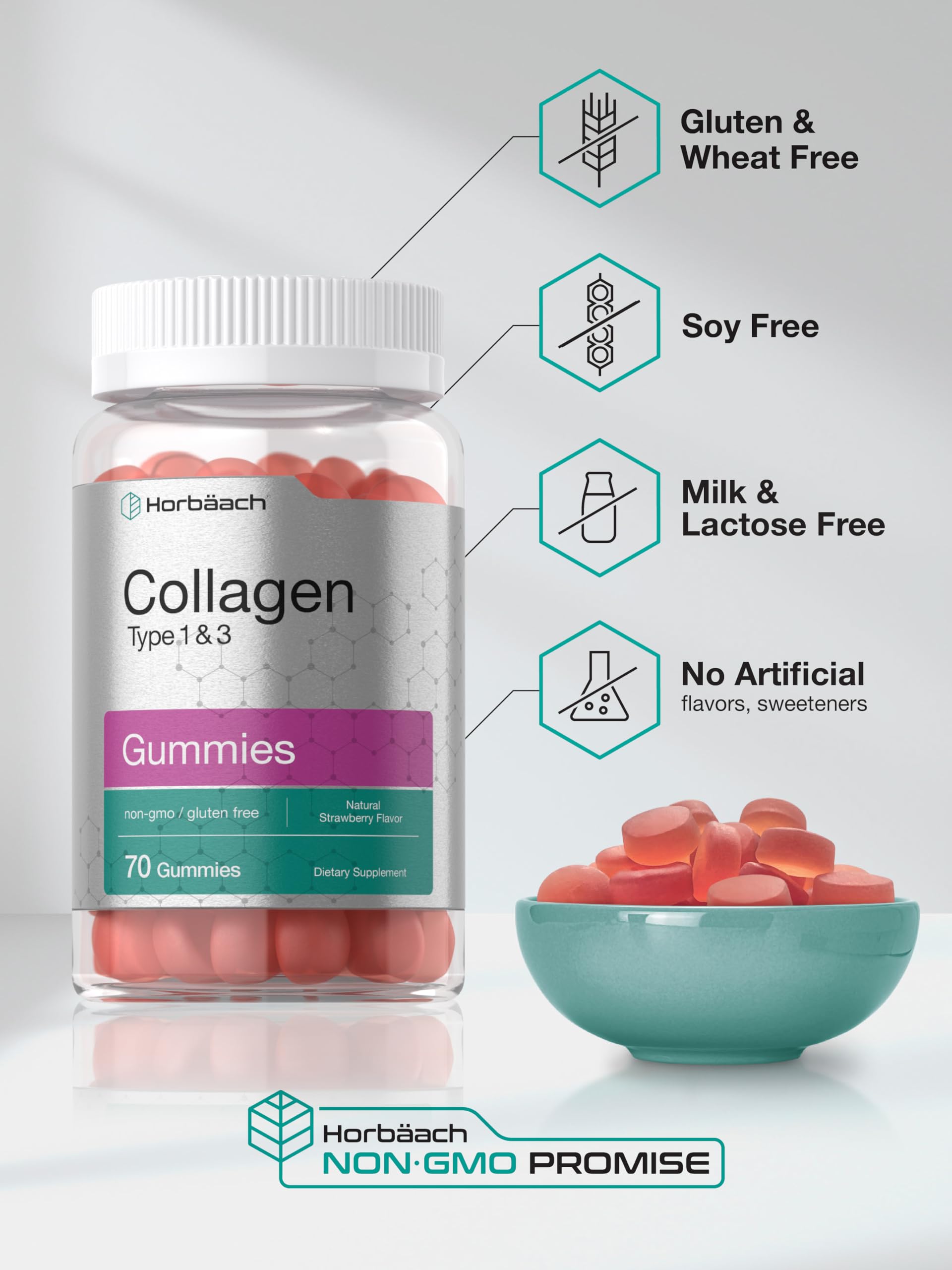 Horbäach Collagen Gummies | 70 Count | Strawberry Flavored Gummy | for Women and Men | Collagen Peptides Type 1 and 3 | Non-GMO, Gluten Free Supplement - Image 4