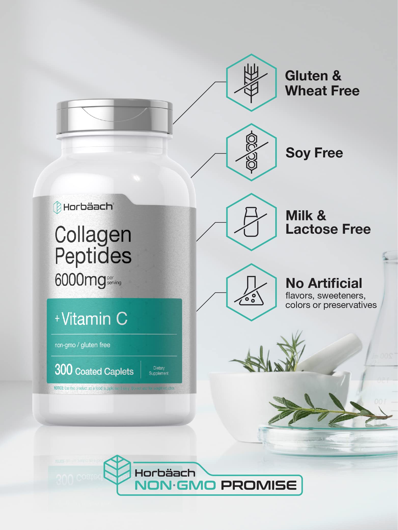 Horbäach Collagen Peptides 6000mg | 300 Caplet Pills | with Vitamin C | Hydrolyzed Collagen Supplement | Non-GMO, Gluten Free - Image 3