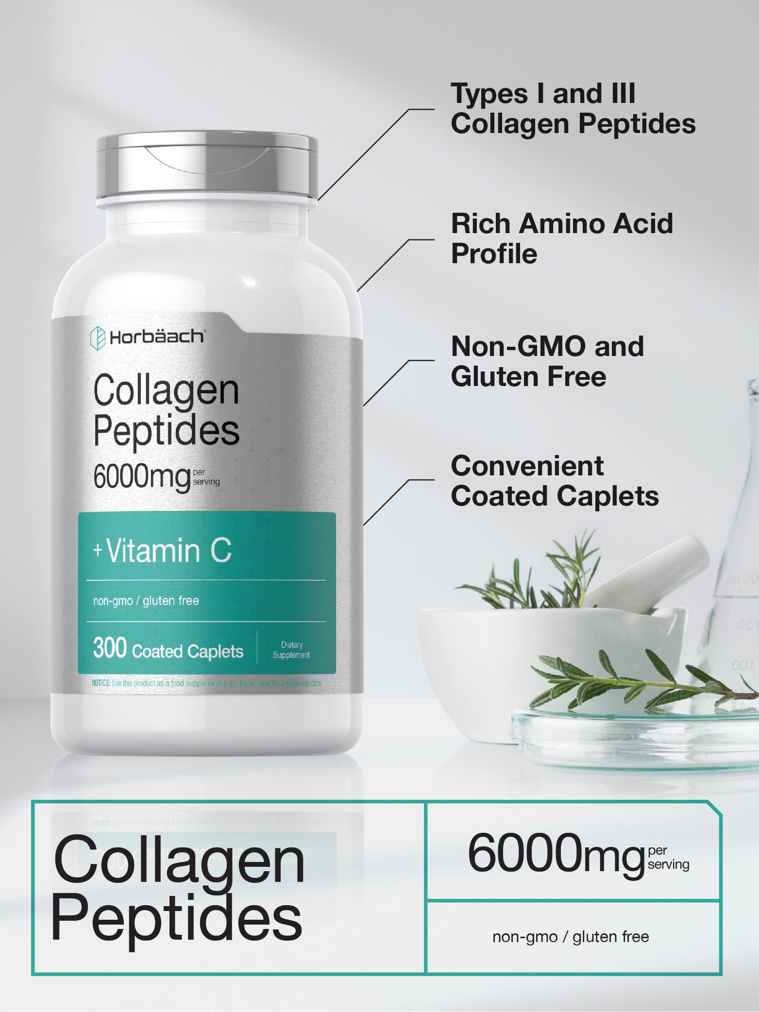 Horbäach Collagen Peptides 6000mg | 300 Caplet Pills | with Vitamin C | Hydrolyzed Collagen Supplement | Non-GMO, Gluten Free - Image 4