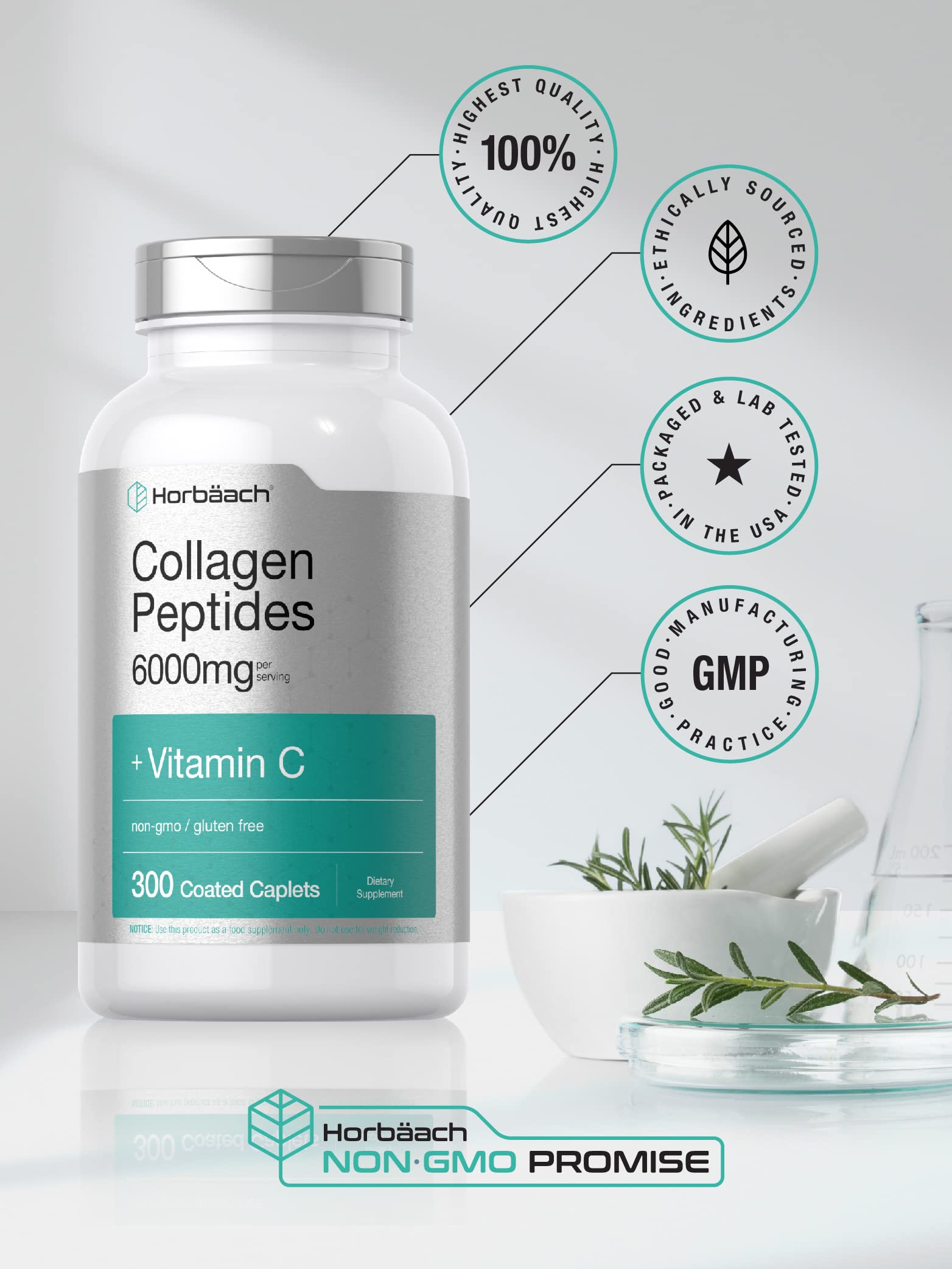 Horbäach Collagen Peptides 6000mg | 300 Caplet Pills | with Vitamin C | Hydrolyzed Collagen Supplement | Non-GMO, Gluten Free - Image 5