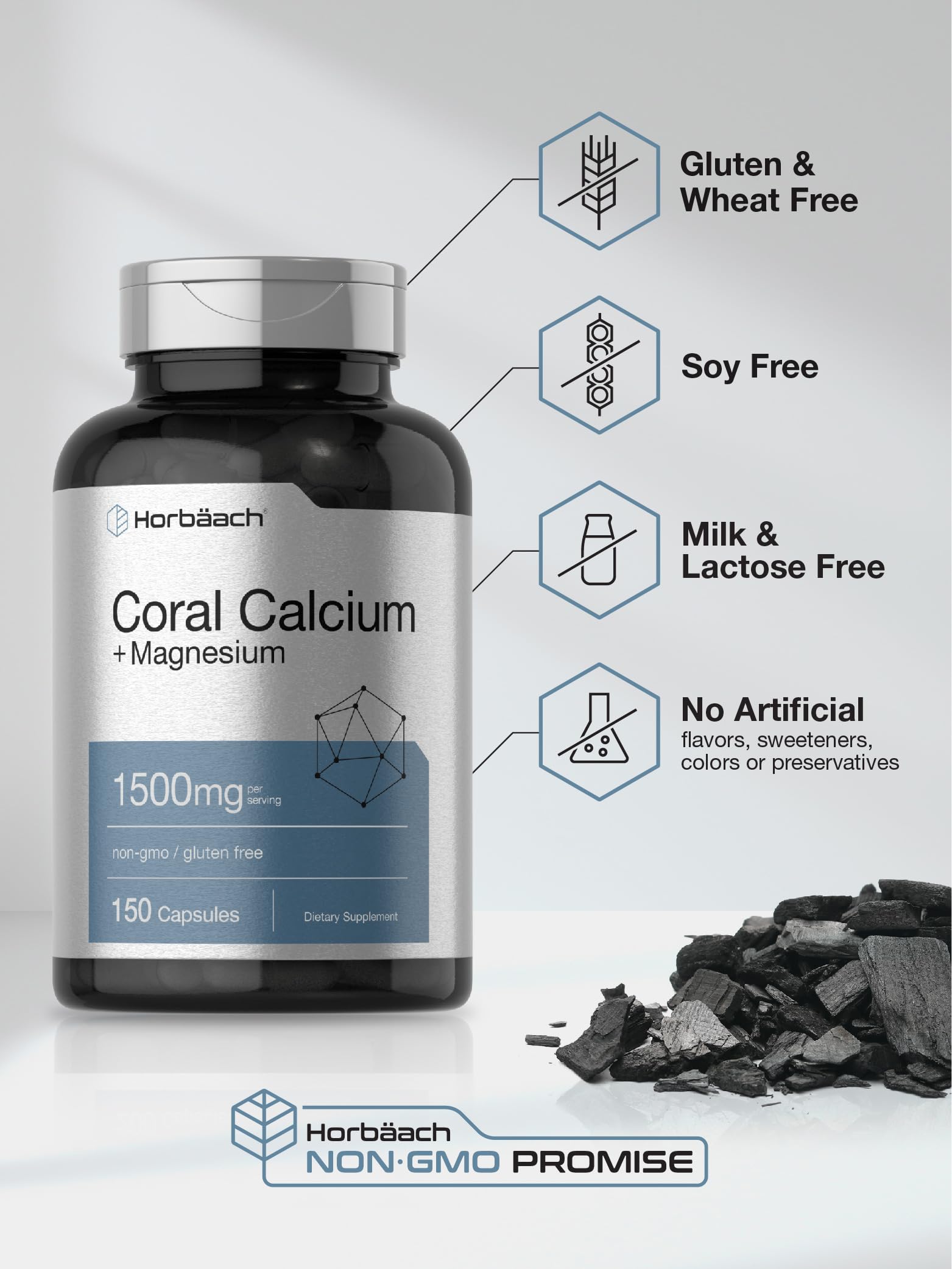 Horbäach Coral Calcium 1500mg Capsules | 150 Count | Plus Magnesium | Non-GMO & Gluten Free Supplement - Image 5