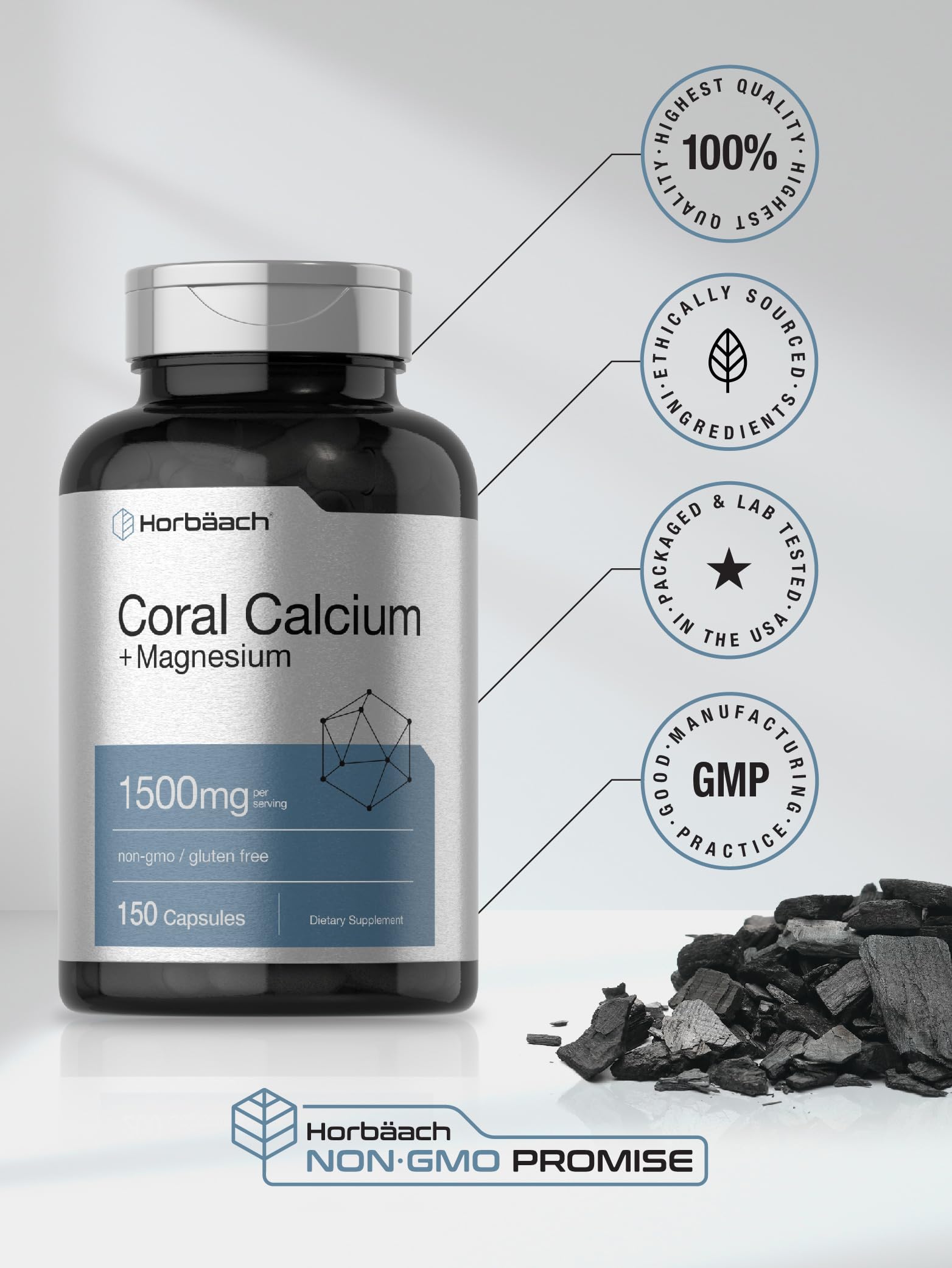Horbäach Coral Calcium 1500mg Capsules | 150 Count | Plus Magnesium | Non-GMO & Gluten Free Supplement - Image 6