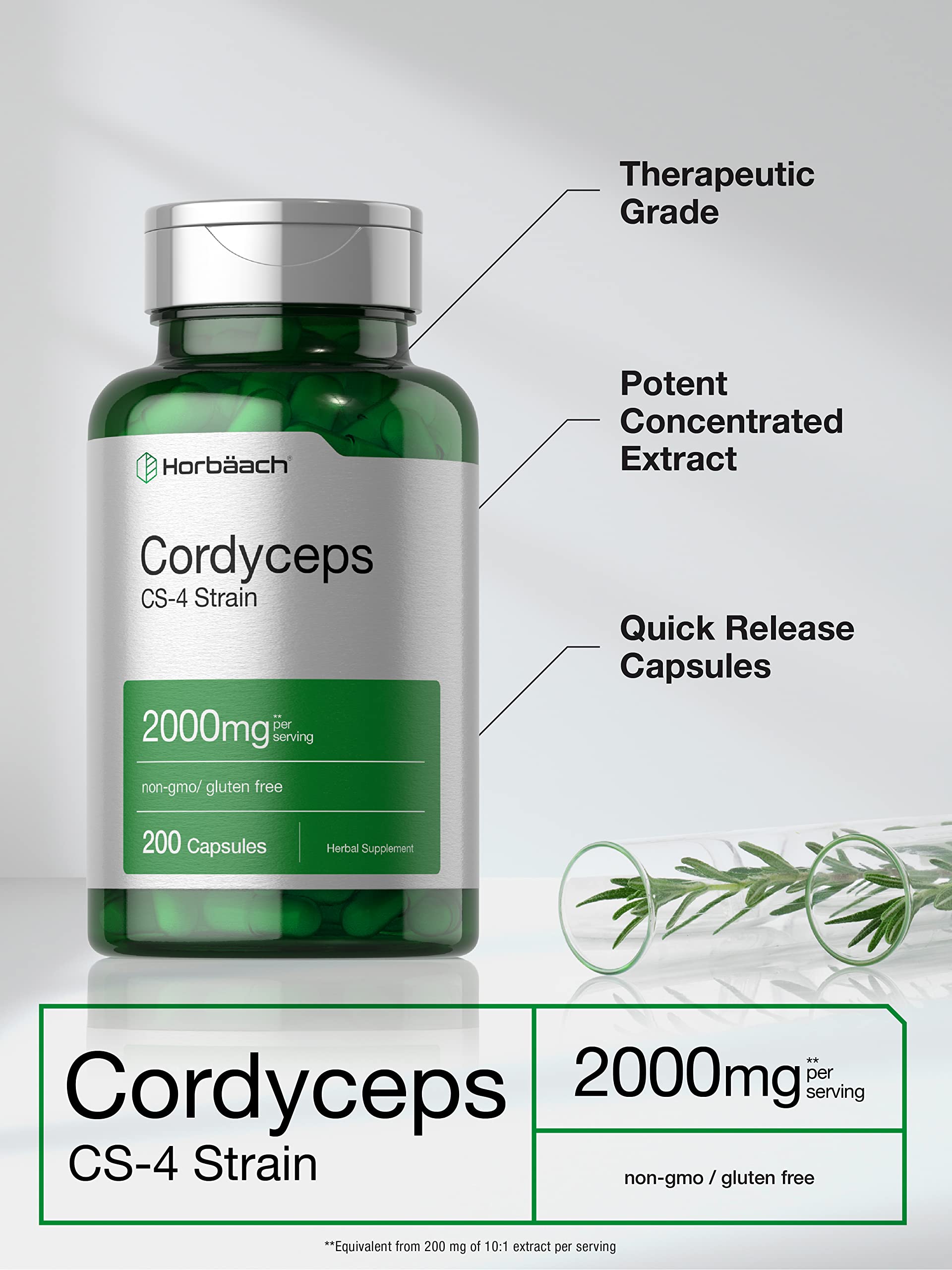Horbäach Cordyceps Mushroom Capsules | 200 Count | CS-4 Strain Cordyceps Sinesis | Non-GMO Herbal Supplement - Image 3