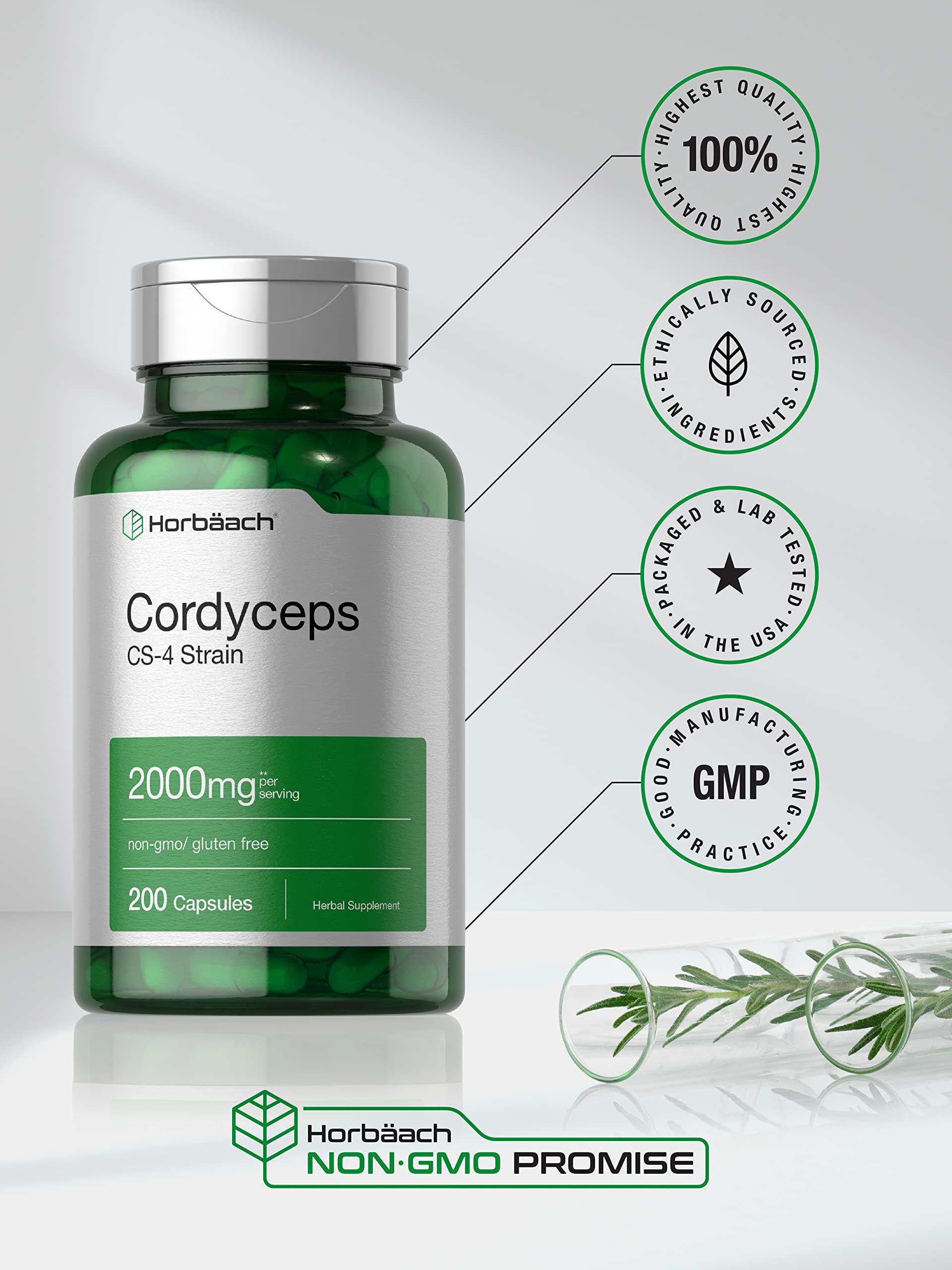 Horbäach Cordyceps Mushroom Capsules | 200 Count | CS-4 Strain Cordyceps Sinesis | Non-GMO Herbal Supplement - Image 5