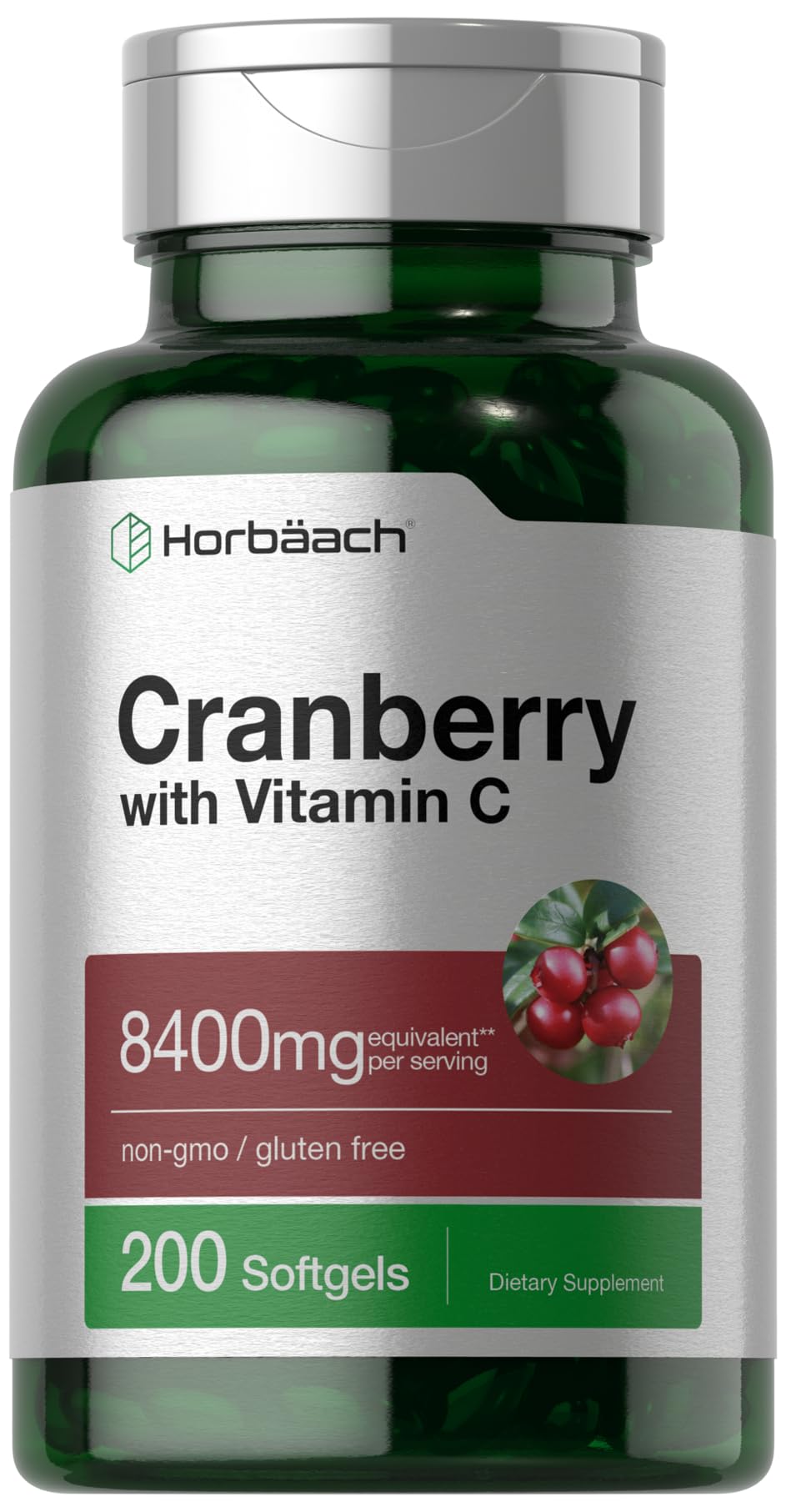 Horbäach Cranberry Pills for Women and Men | 200 Softgels | Extract Supplement with Vitamin C | Non-GMO, Gluten Free