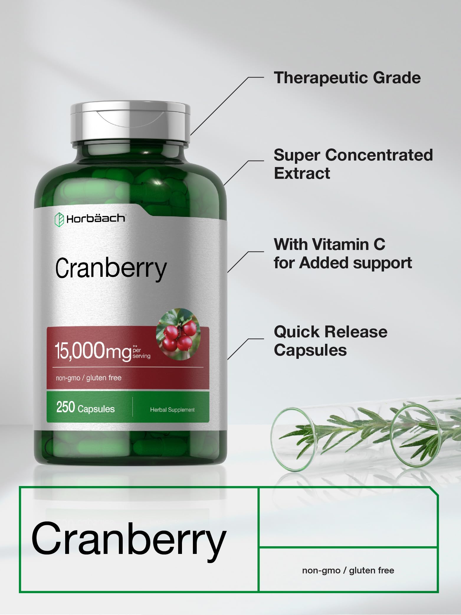 Horbäach Cranberry Pills + Vitamin C | 250 Capsules | Non-GMO and Gluten Free Supplement from Concentrate Extract - Image 3