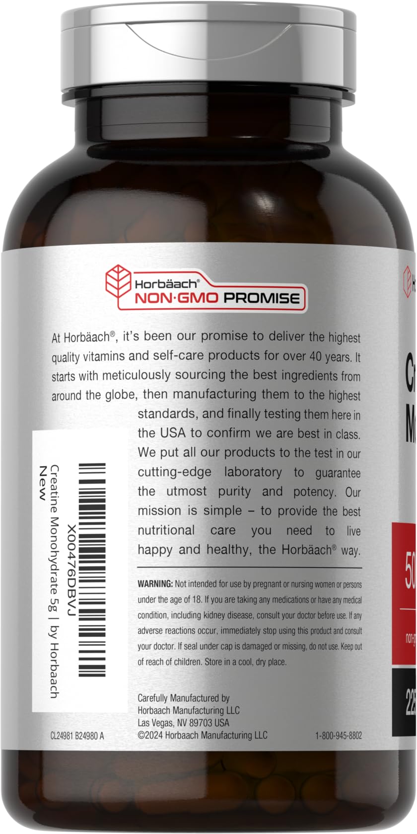 Horbäach Creatine Monohydrate | 5g | 225 Capsules | Non-GMO, Gluten Free Supplement - Image 3