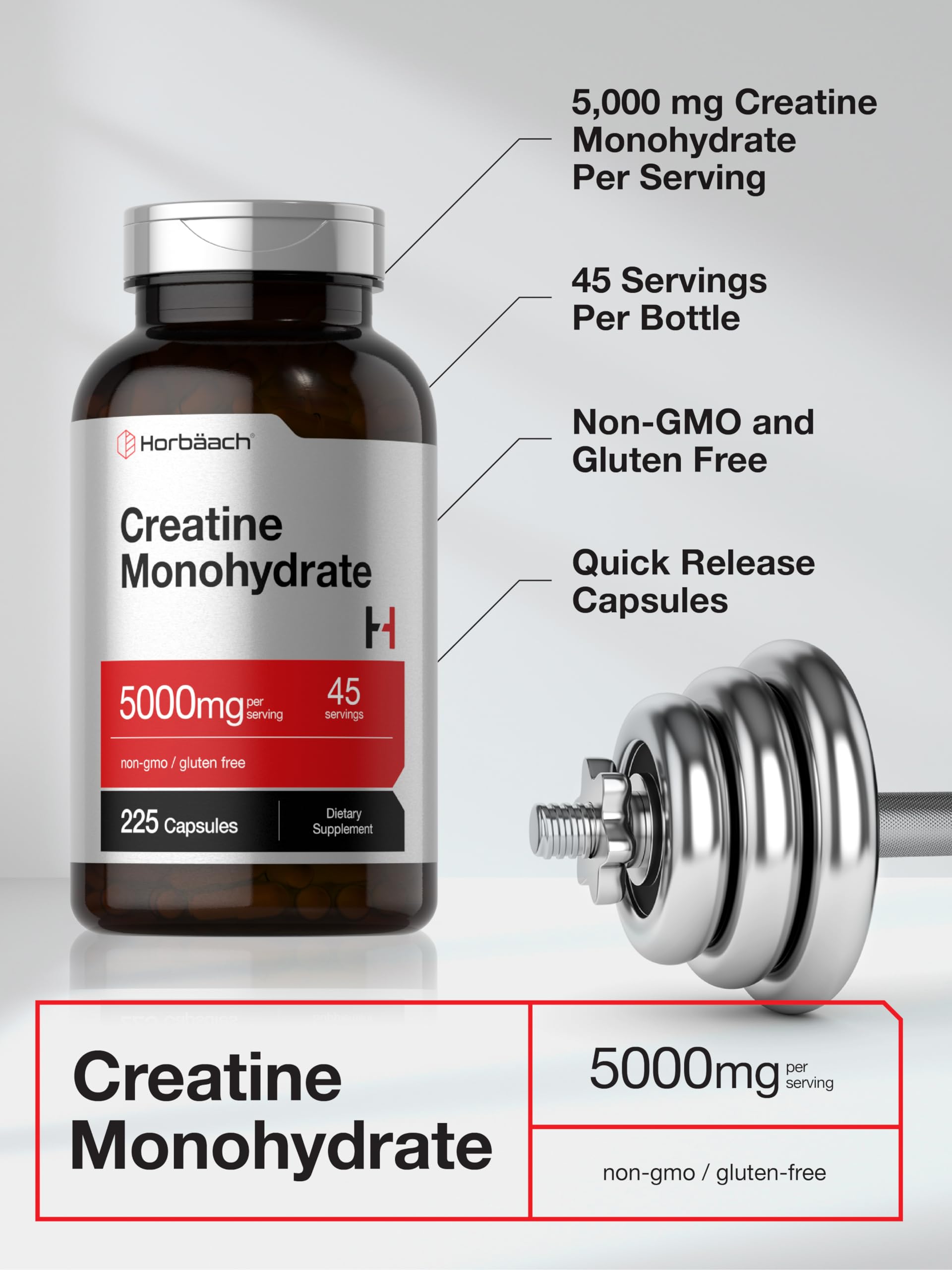 Horbäach Creatine Monohydrate | 5g | 225 Capsules | Non-GMO, Gluten Free Supplement - Image 4