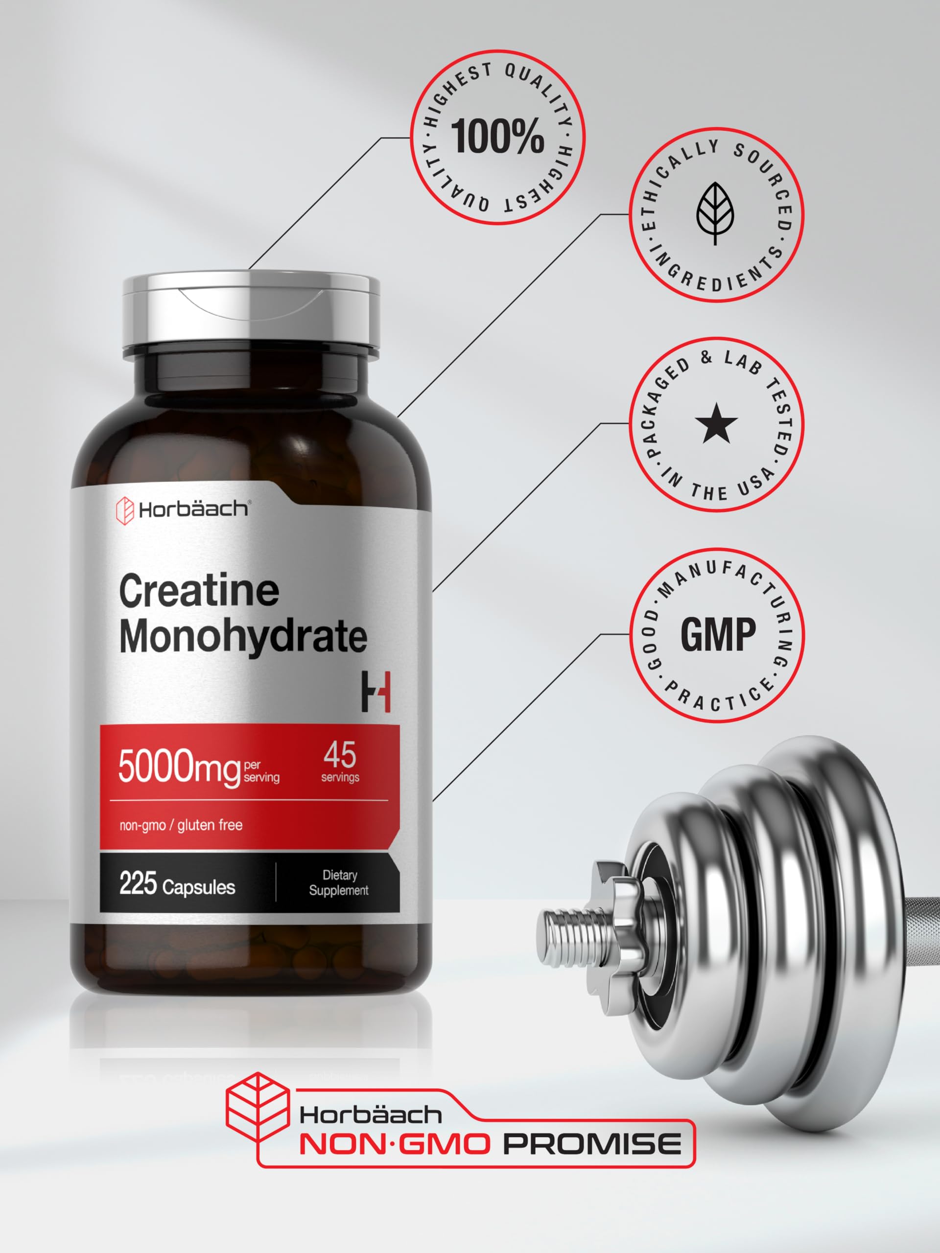 Horbäach Creatine Monohydrate | 5g | 225 Capsules | Non-GMO, Gluten Free Supplement - Image 6
