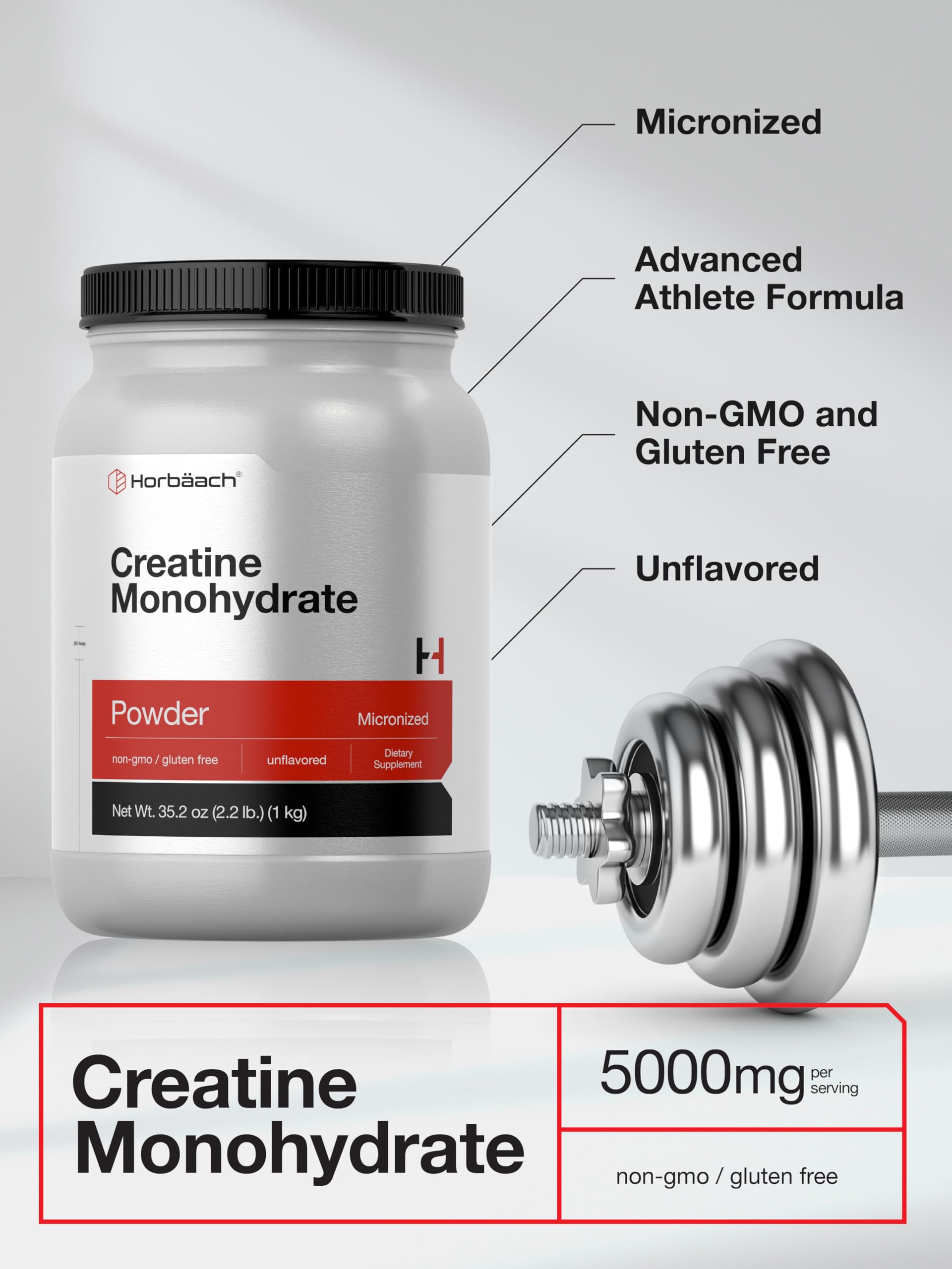 Horbäach Creatine Monohydrate Powder | 2.2lbs (35.2 oz) | Micronized and Unflavored | Vegetarian, Non-GMO, and Gluten Free Supplement - Image 4