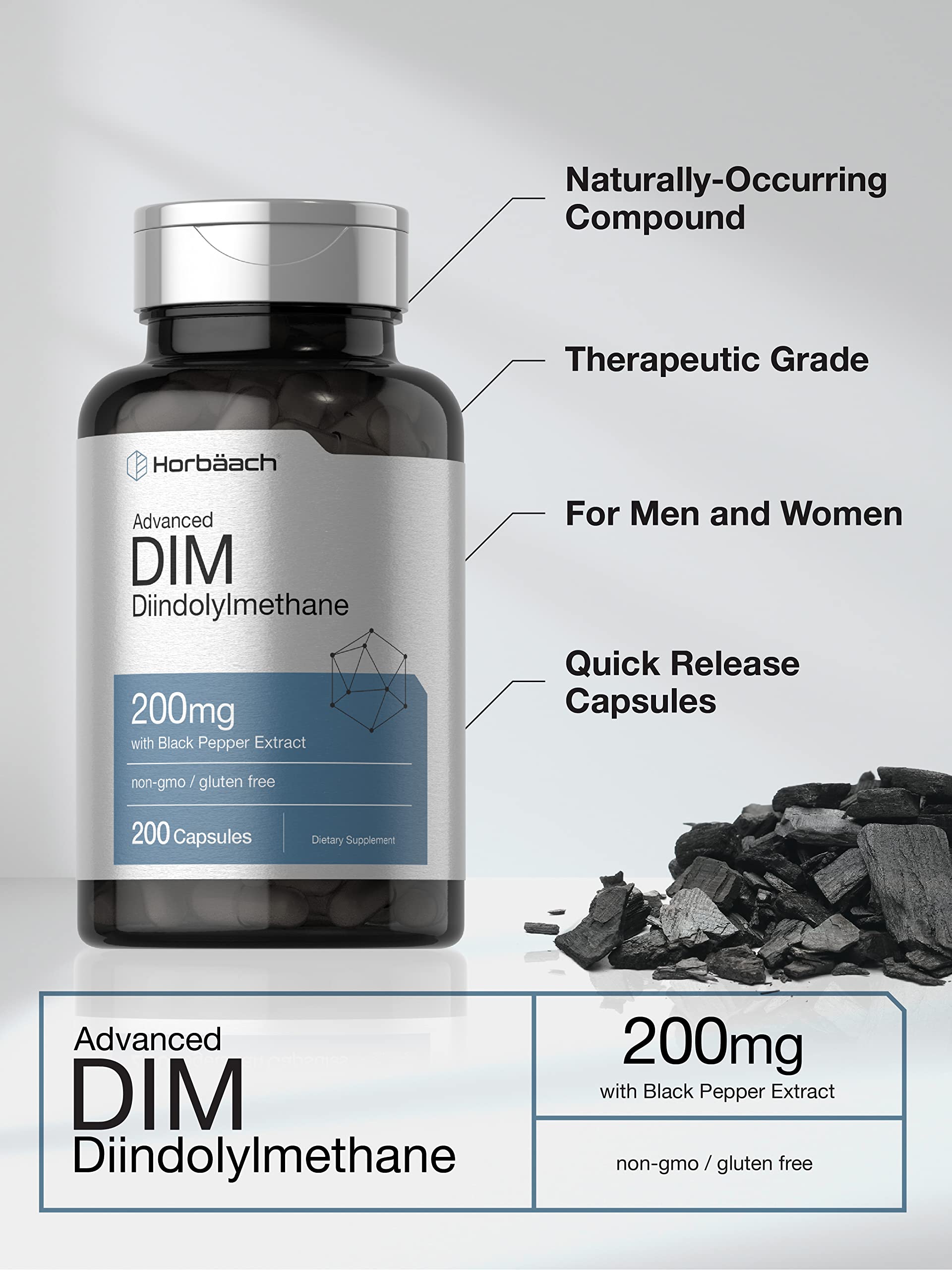 Horbäach DIM Supplement | 200mg | 200 Capsules | Diindolylmethane with Black Pepper Extract | Non-GMO, Gluten Free Formula - Image 3