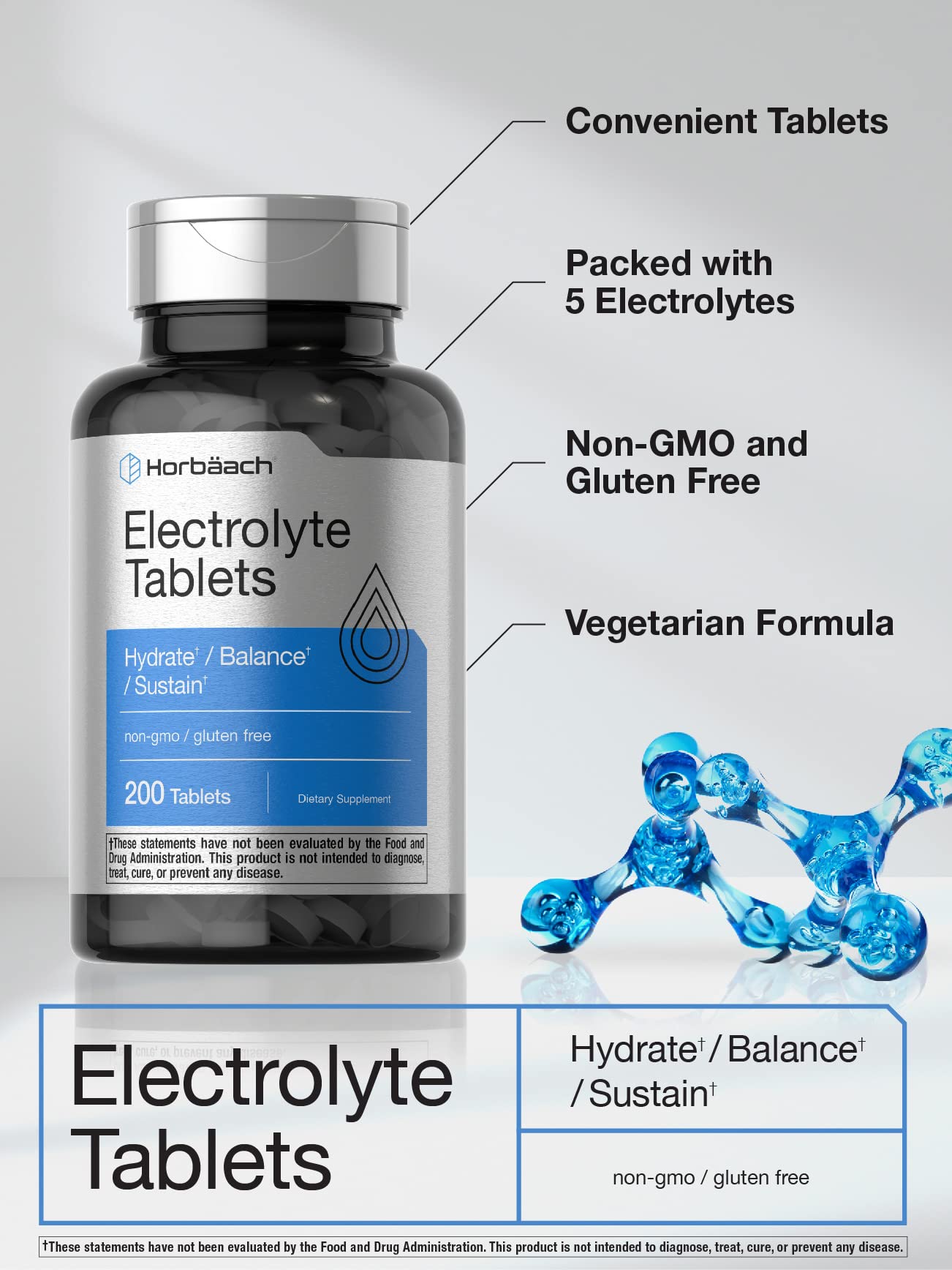 Horbäach Electrolyte Tablets | 200 Count | Vegetarian | Keto-Friendly | Non-GMO, and Gluten Free Hydration Supplement - Image 3