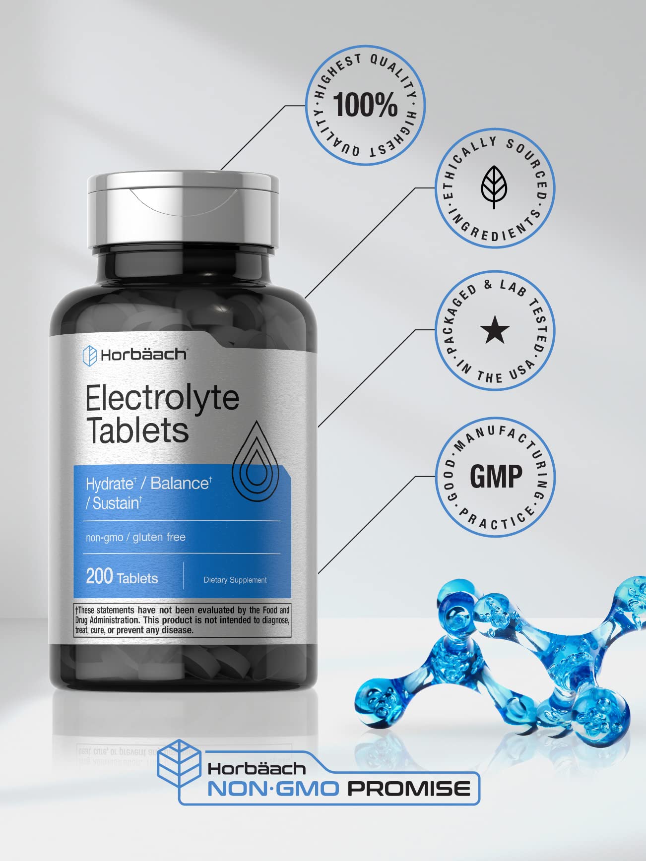 Horbäach Electrolyte Tablets | 200 Count | Vegetarian | Keto-Friendly | Non-GMO, and Gluten Free Hydration Supplement - Image 5