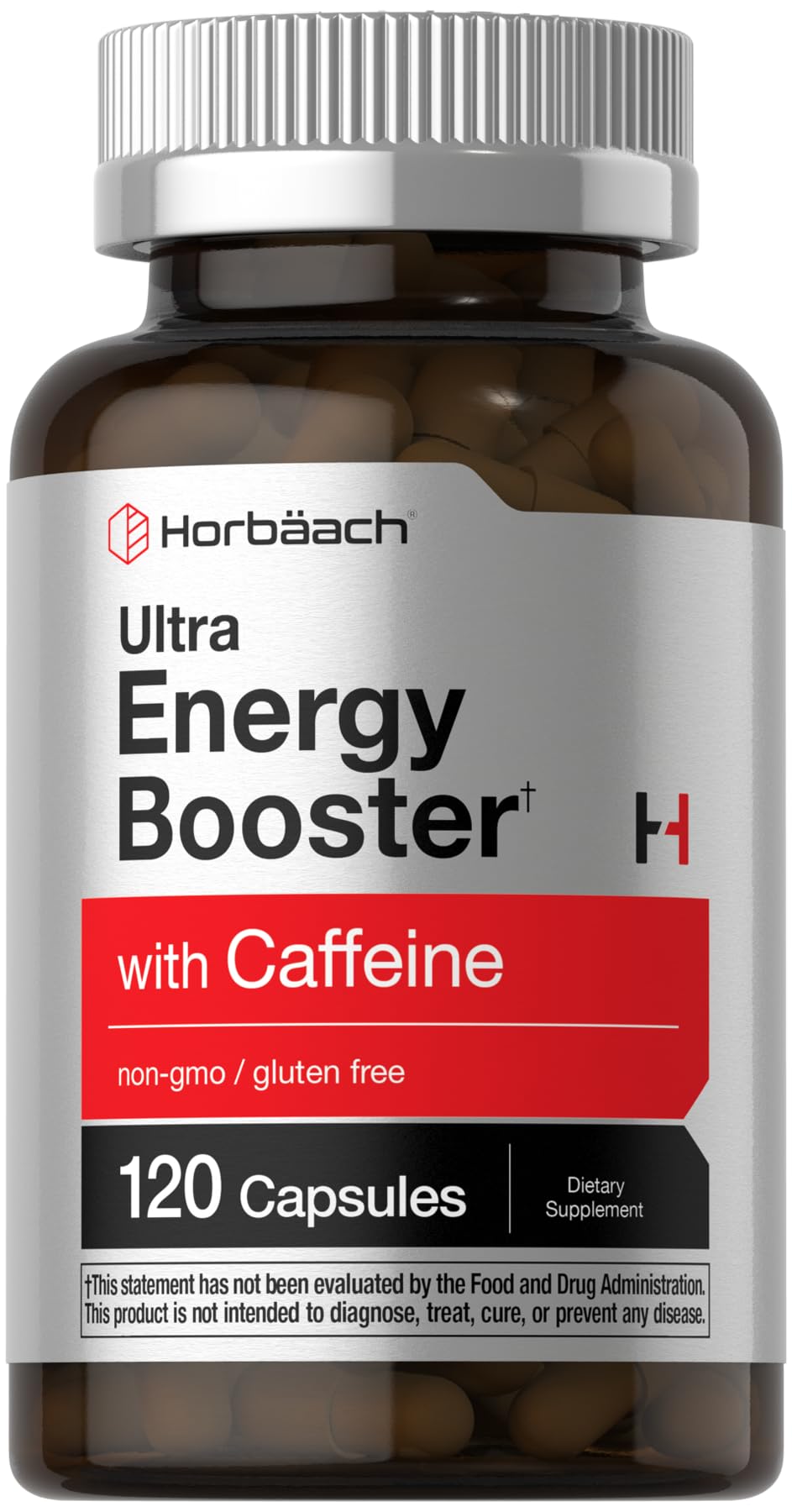 Horbäach Energy Supplement | 120 Capsules | with Caffeine, Ginseng & Vitamin B12 | Daily Energy Booster Pills | Non-GMO, Gluten Free