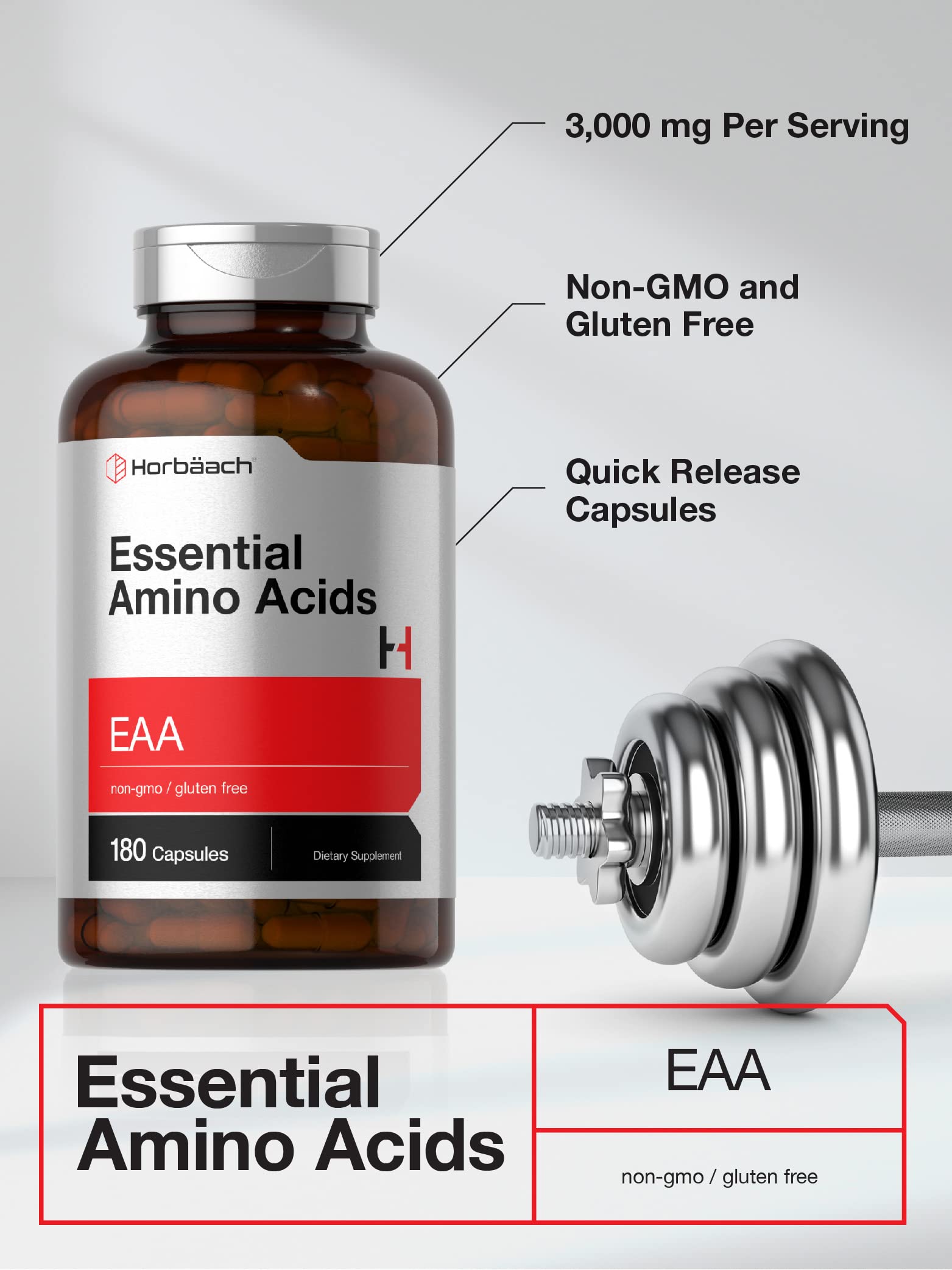 Horbäach Essential Amino Acids Supplement | 180 EAA Capsules | Optimum Ratio with BCAAs | Non-GMO & Gluten Free - Image 3