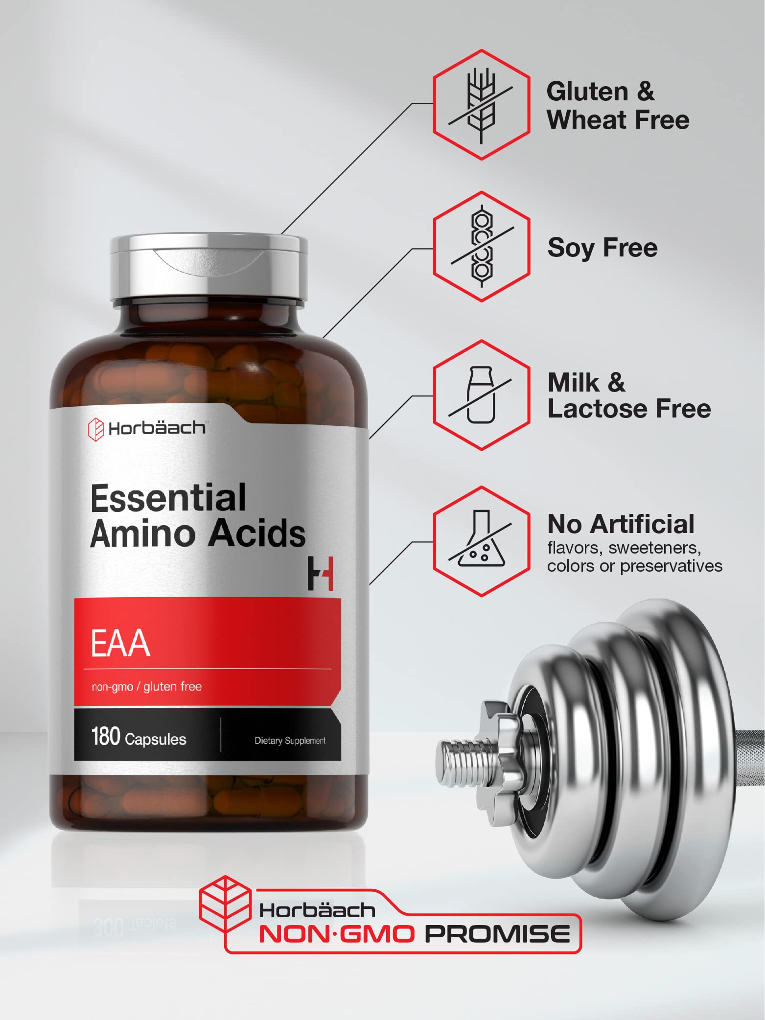 Horbäach Essential Amino Acids Supplement | 180 EAA Capsules | Optimum Ratio with BCAAs | Non-GMO & Gluten Free - Image 4