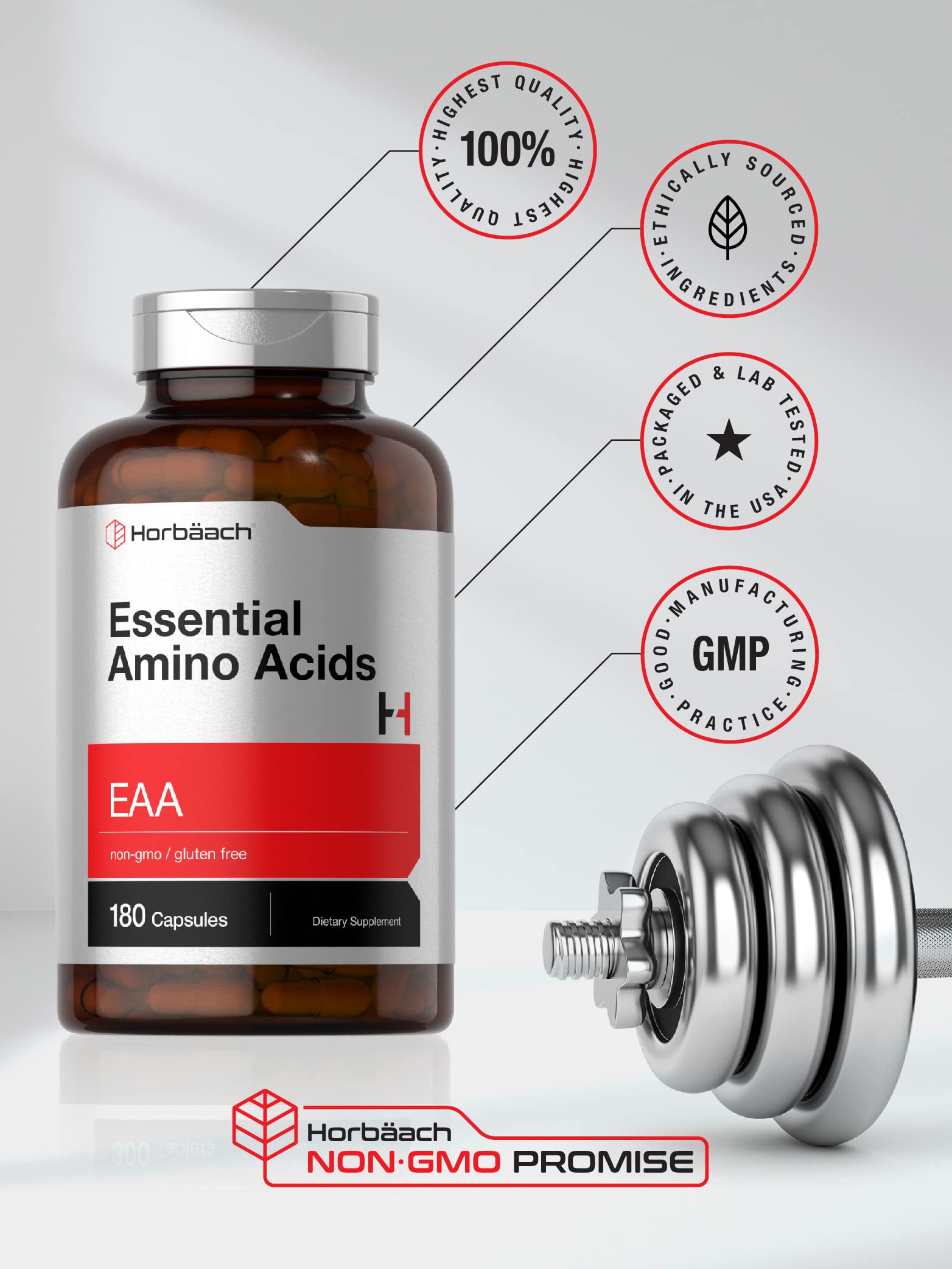 Horbäach Essential Amino Acids Supplement | 180 EAA Capsules | Optimum Ratio with BCAAs | Non-GMO & Gluten Free - Image 5
