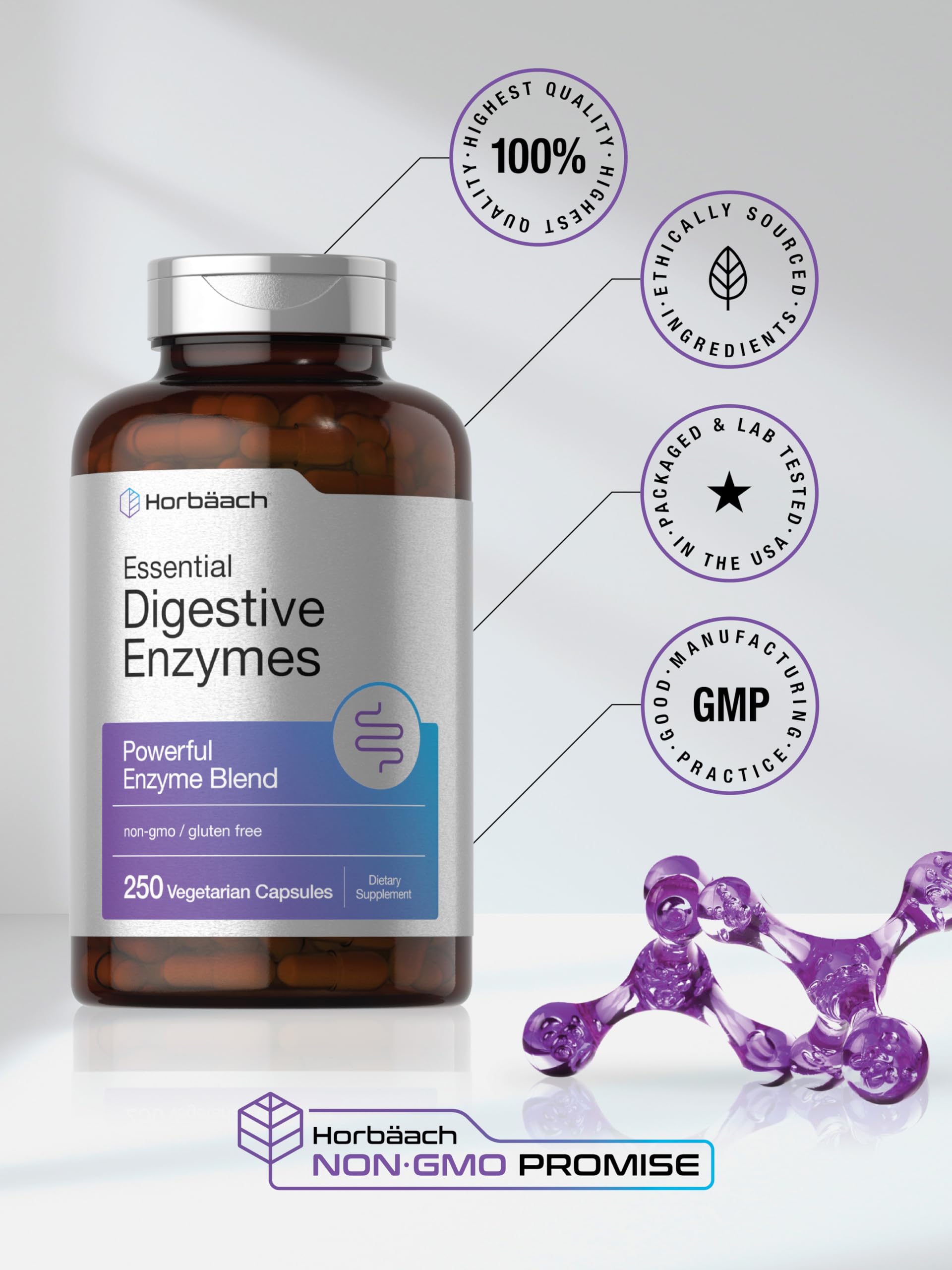 Horbäach Essential Digestive Enzymes | 250 Capsules | Powerful Enzyme Blend for Men & Women | Non-GMO & Gluten Free Supplement - Image 6