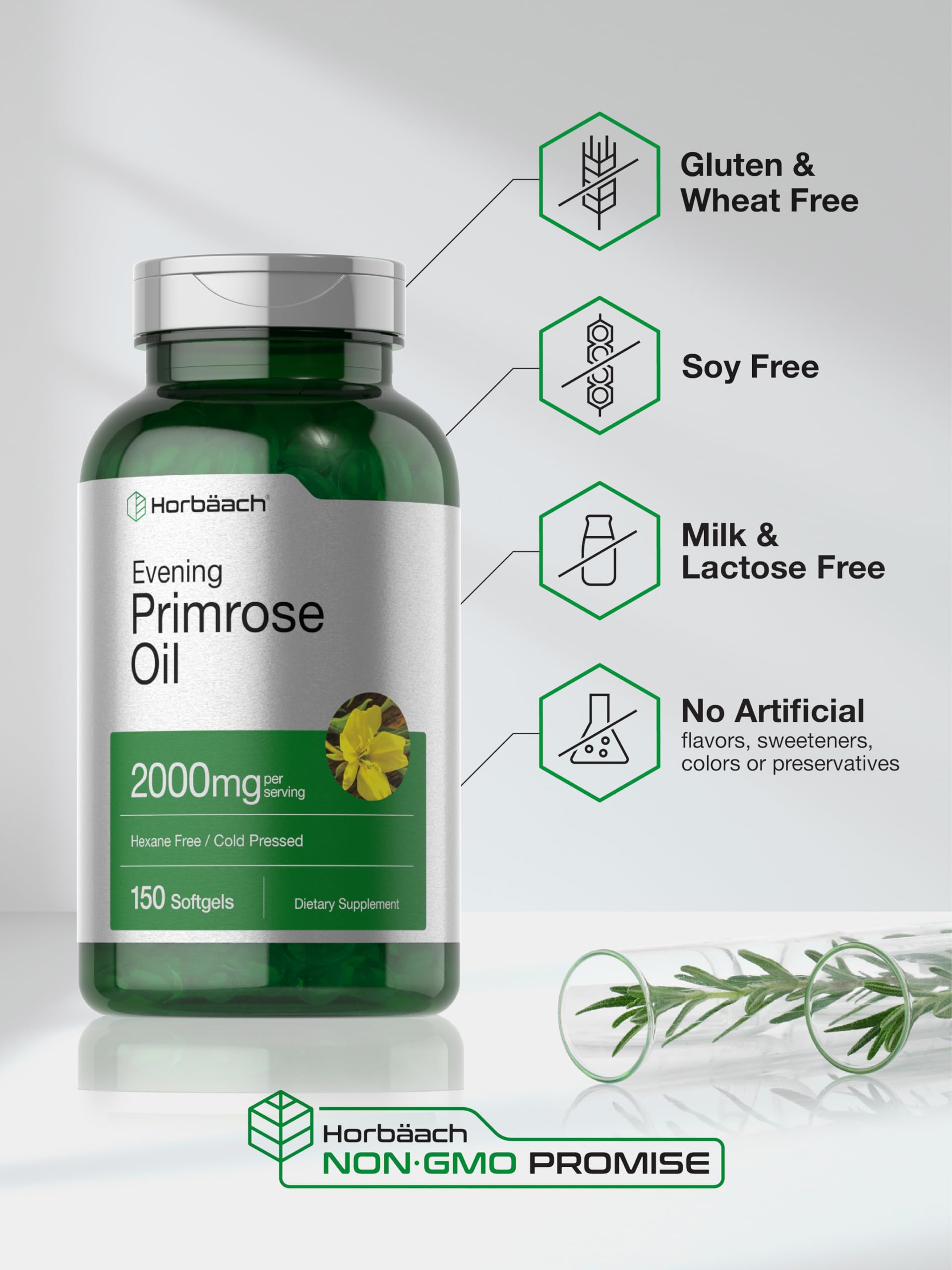 Horbäach Evening Primrose Oil Softgels | 2000 mg | 150 Pills | Cold Pressed, Hexane Free Supplement with GLA | Non-GMO, Gluten Free - Image 5