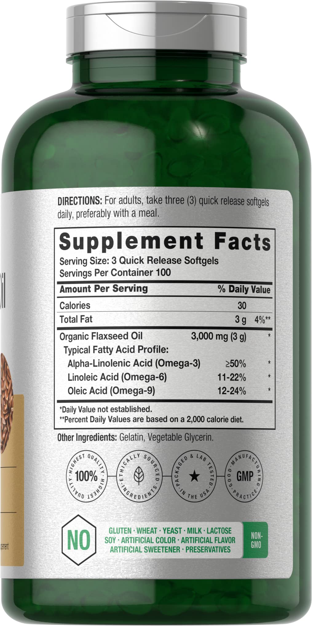 Horbäach Flaxseed Oil Softgel Capsules 3000mg | 300 Count | High Potency | with Omega 3 6 9 | Non-GMO, Gluten Free | Cold Pressed Flax Seed - Image 2
