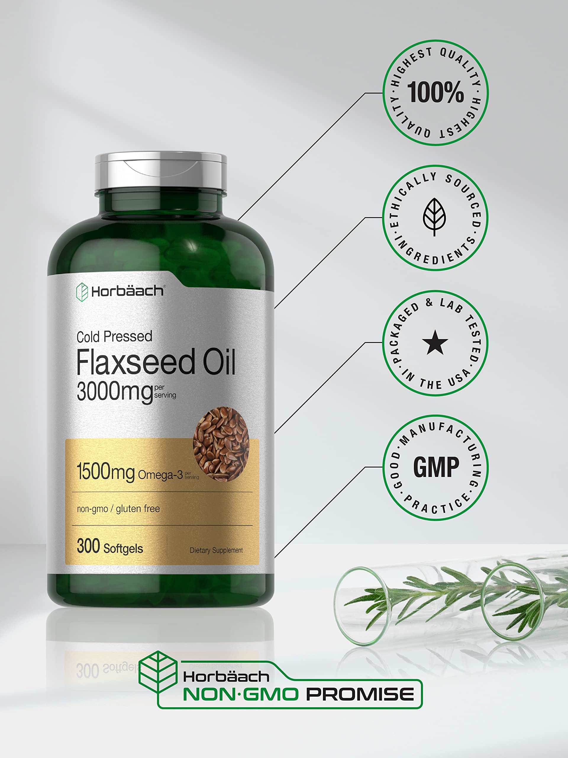 Horbäach Flaxseed Oil Softgel Capsules 3000mg | 300 Count | High Potency | with Omega 3 6 9 | Non-GMO, Gluten Free | Cold Pressed Flax Seed - Image 5