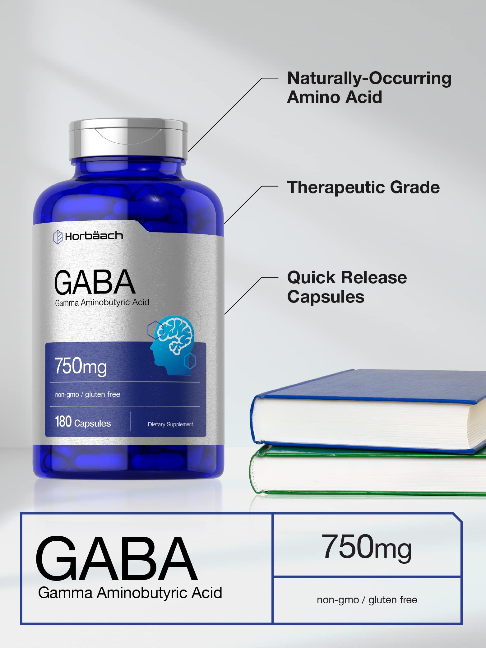 Horbäach GABA 750mg | 180 Powder Capsules | Gamma Aminobutyric Acid Supplement | Non-GMO, Gluten Free - Image 3