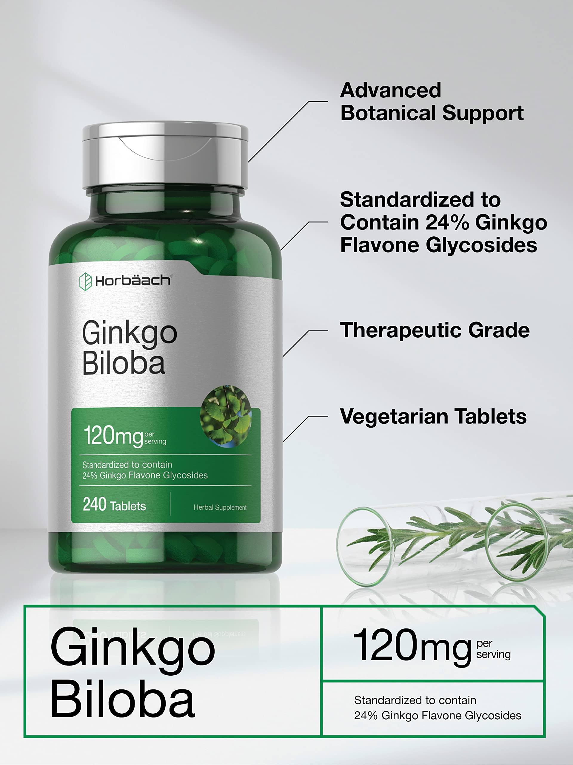 Horbäach Ginkgo Biloba Supplement | 120mg | 240 Tablets | Standardized Herbal Extract | Flavone Glycosides | Vegetarian, Non-GMO, and Gluten Free - Image 3