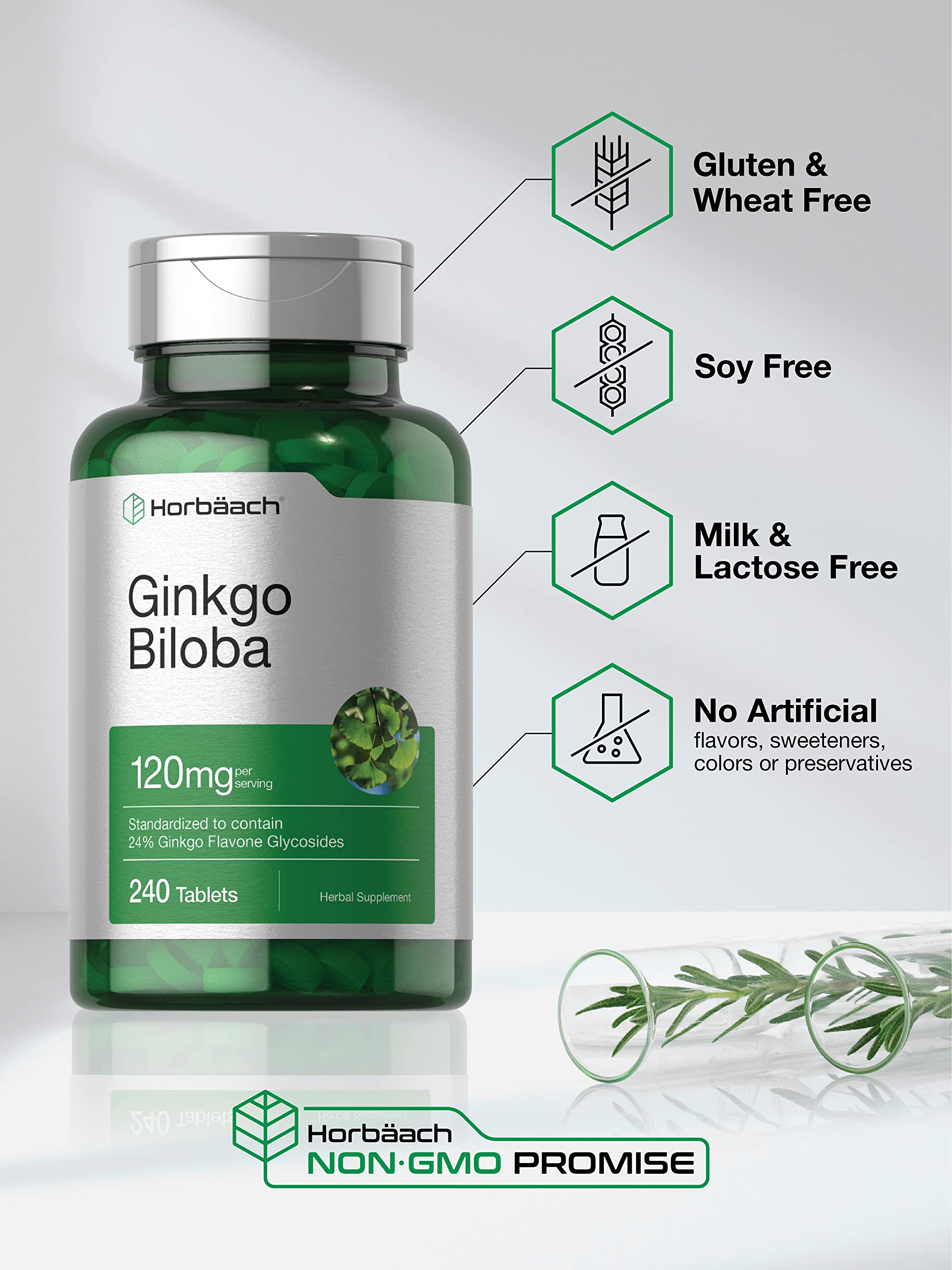 Horbäach Ginkgo Biloba Supplement | 120mg | 240 Tablets | Standardized Herbal Extract | Flavone Glycosides | Vegetarian, Non-GMO, and Gluten Free - Image 4