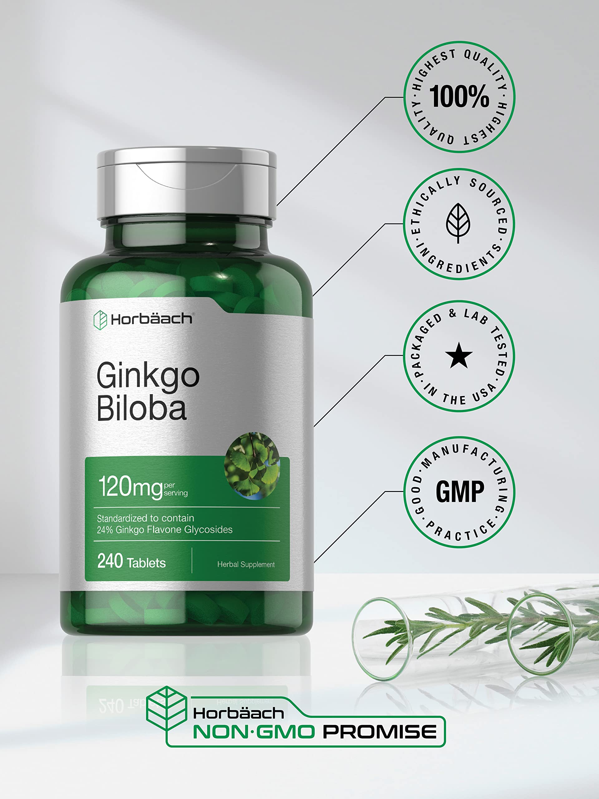 Horbäach Ginkgo Biloba Supplement | 120mg | 240 Tablets | Standardized Herbal Extract | Flavone Glycosides | Vegetarian, Non-GMO, and Gluten Free - Image 5