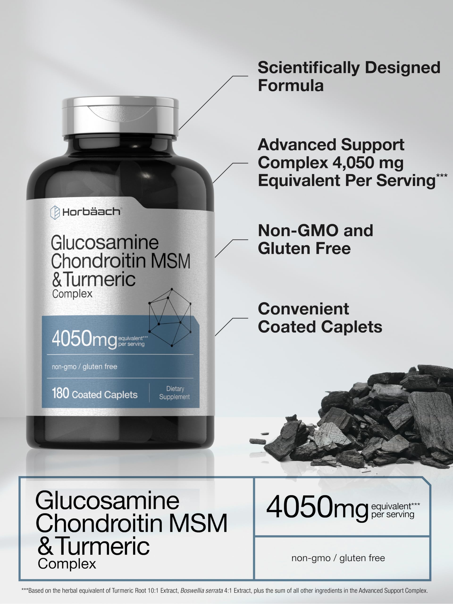 Horbäach Glucosamine Chondroitin MSM | 180 Caplets | with Turmeric | Triple Strength Formula | Non-GMO & Gluten Free Supplement - Image 4