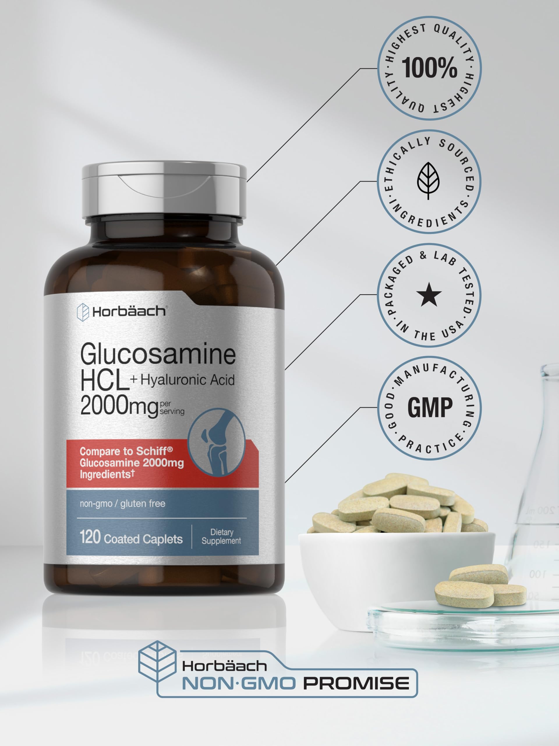 Horbäach Glucosamine HCL | with Hyaluronic Acid | 2000mg | 120 Coated Caplets | Non-GMO & Gluten Free Supplement - Image 6