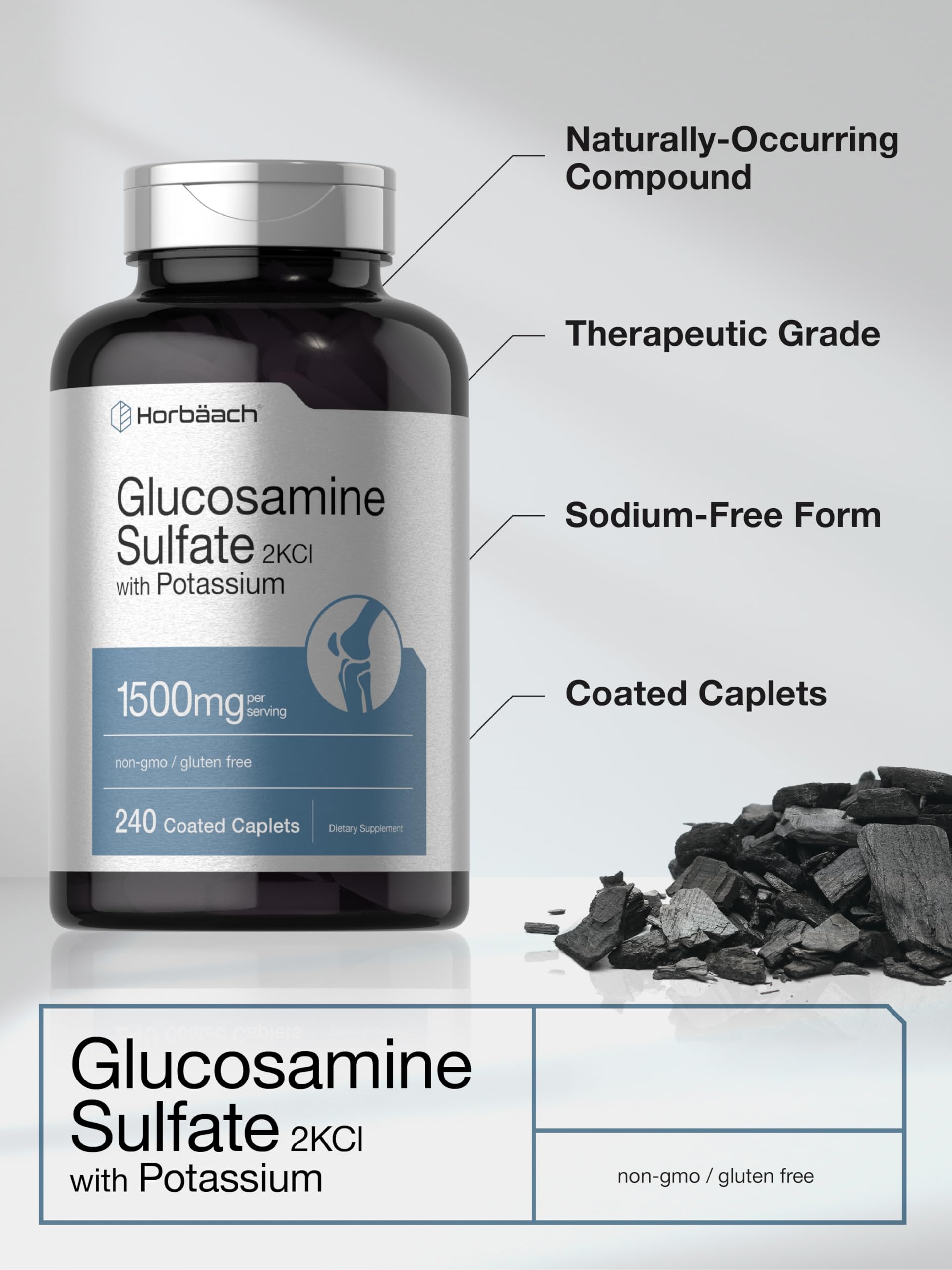 Horbäach Glucosamine Sulfate 1500mg | 240 Caplets | 2KCI with Potassium | Non-GMO and Gluten Free Supplement - Image 3