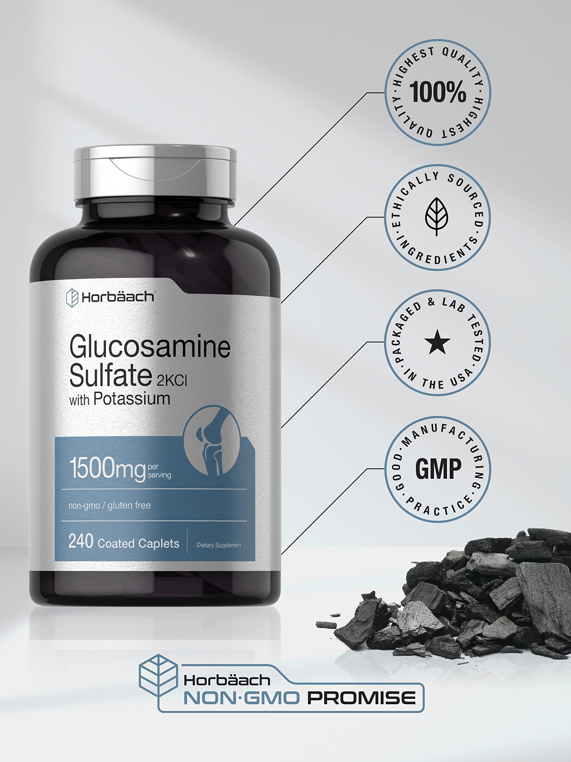 Horbäach Glucosamine Sulfate 1500mg | 240 Caplets | 2KCI with Potassium | Non-GMO and Gluten Free Supplement - Image 5