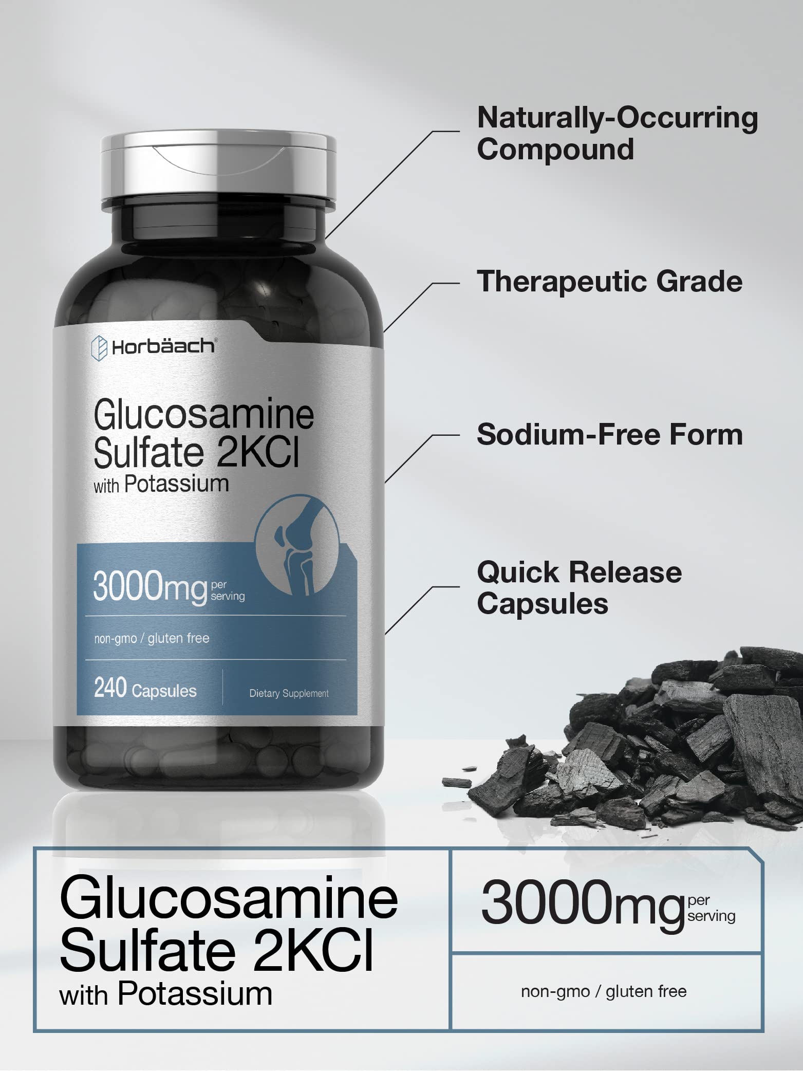 Horbäach Glucosamine Sulfate 2KCI with Potassium | 3000mg | 240 Capsules | Non-GMO and Gluten Free Supplement - Image 3