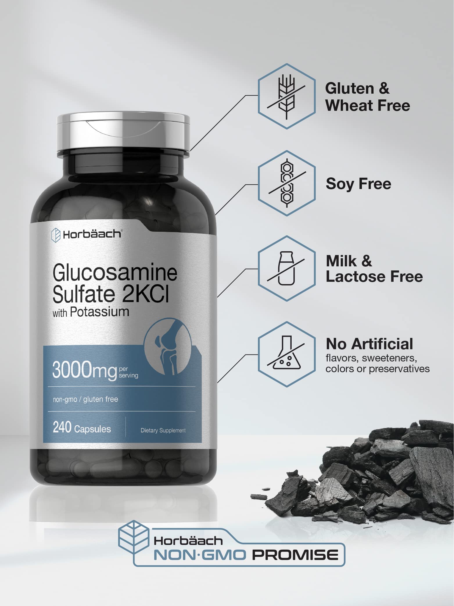 Horbäach Glucosamine Sulfate 2KCI with Potassium | 3000mg | 240 Capsules | Non-GMO and Gluten Free Supplement - Image 4