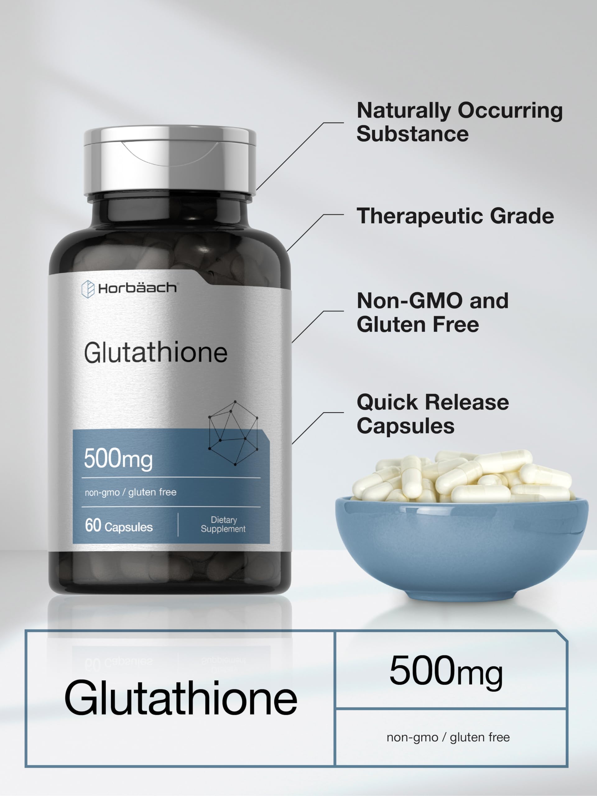Horbäach Glutathione 500mg Reduced Supplement | 60 Capsules | Non-GMO & Gluten Free - Image 4