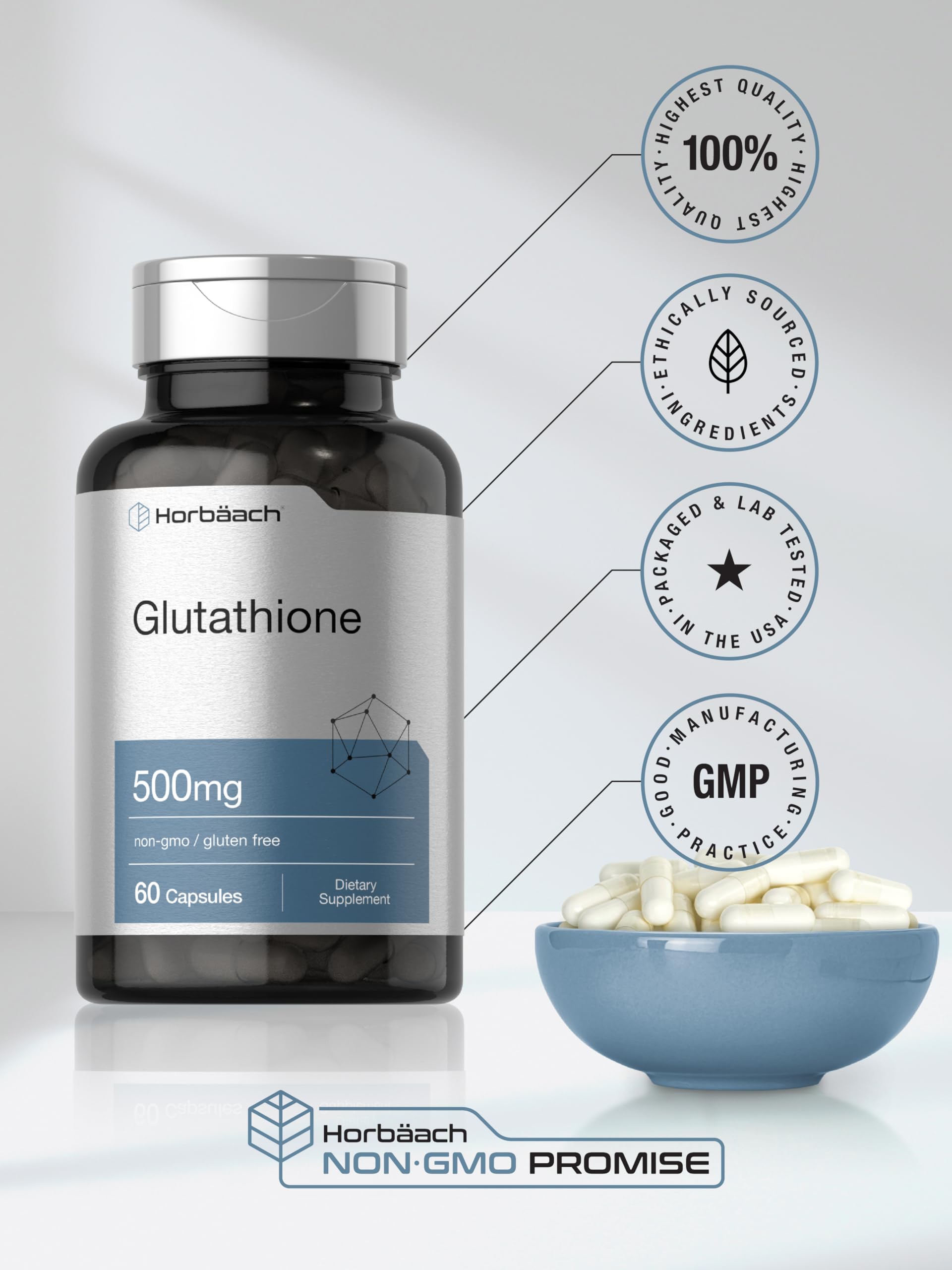 Horbäach Glutathione 500mg Reduced Supplement | 60 Capsules | Non-GMO & Gluten Free - Image 6