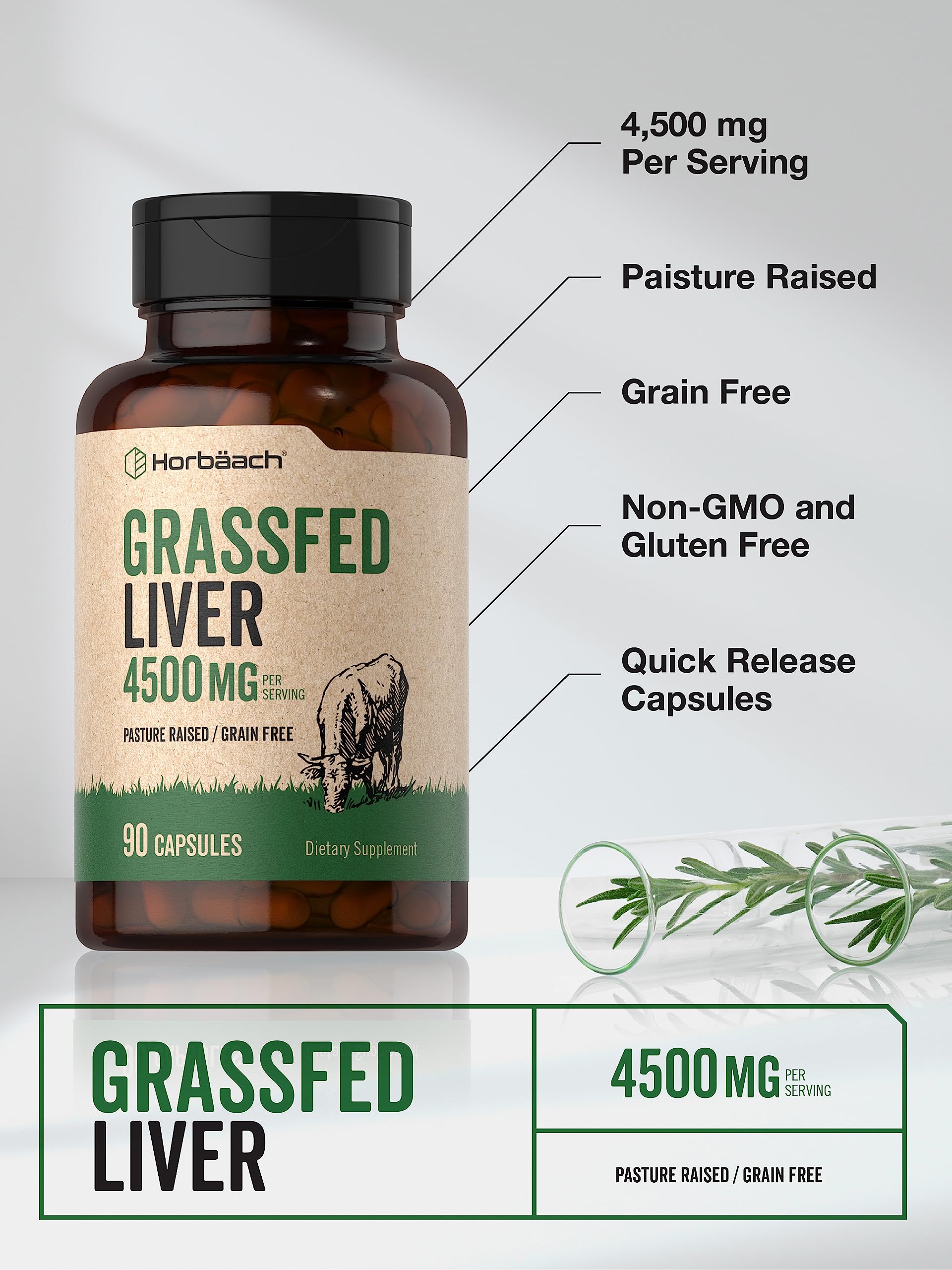 Horbäach Grass Fed Beef Liver | 4500mg | 90 Capsules | Desiccated, Pasture Raised, Grain Free, Non-GMO Supplement - Image 3